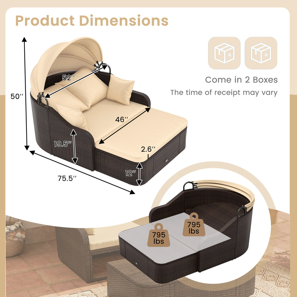 Patio PE Rattan Daybed with Retractable Canopy and Soft Cushions-Beige