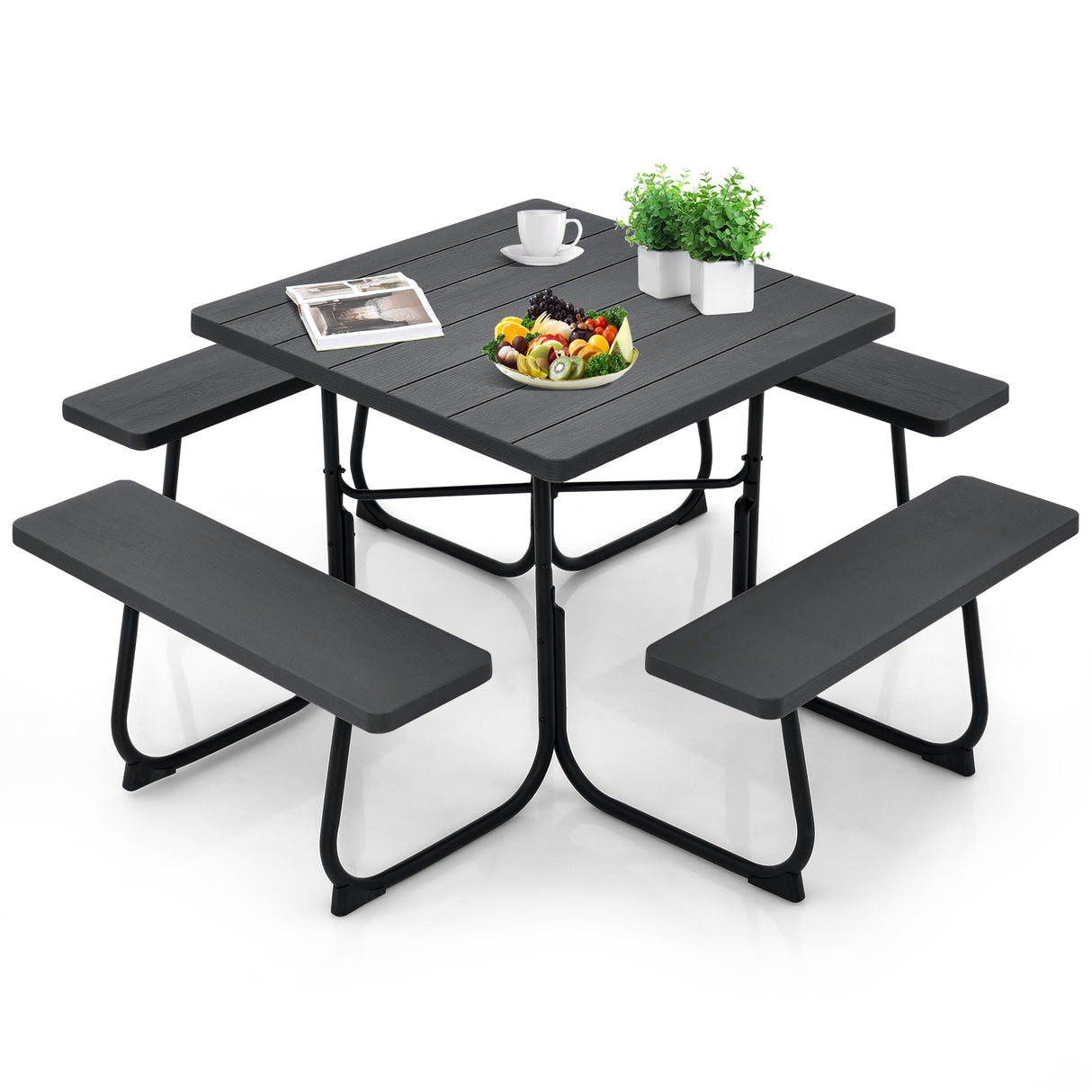 Outdoor Picnic Table with 4 Benches and Umbrella Hole