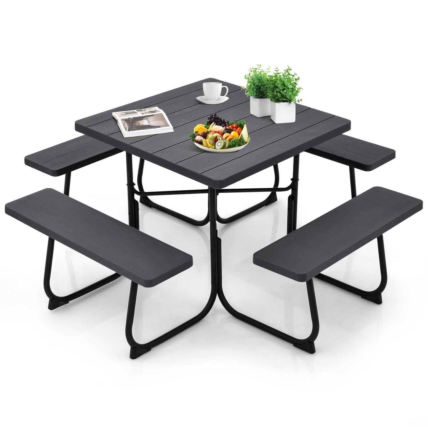 Outdoor Picnic Table with 4 Benches and Umbrella Hole
