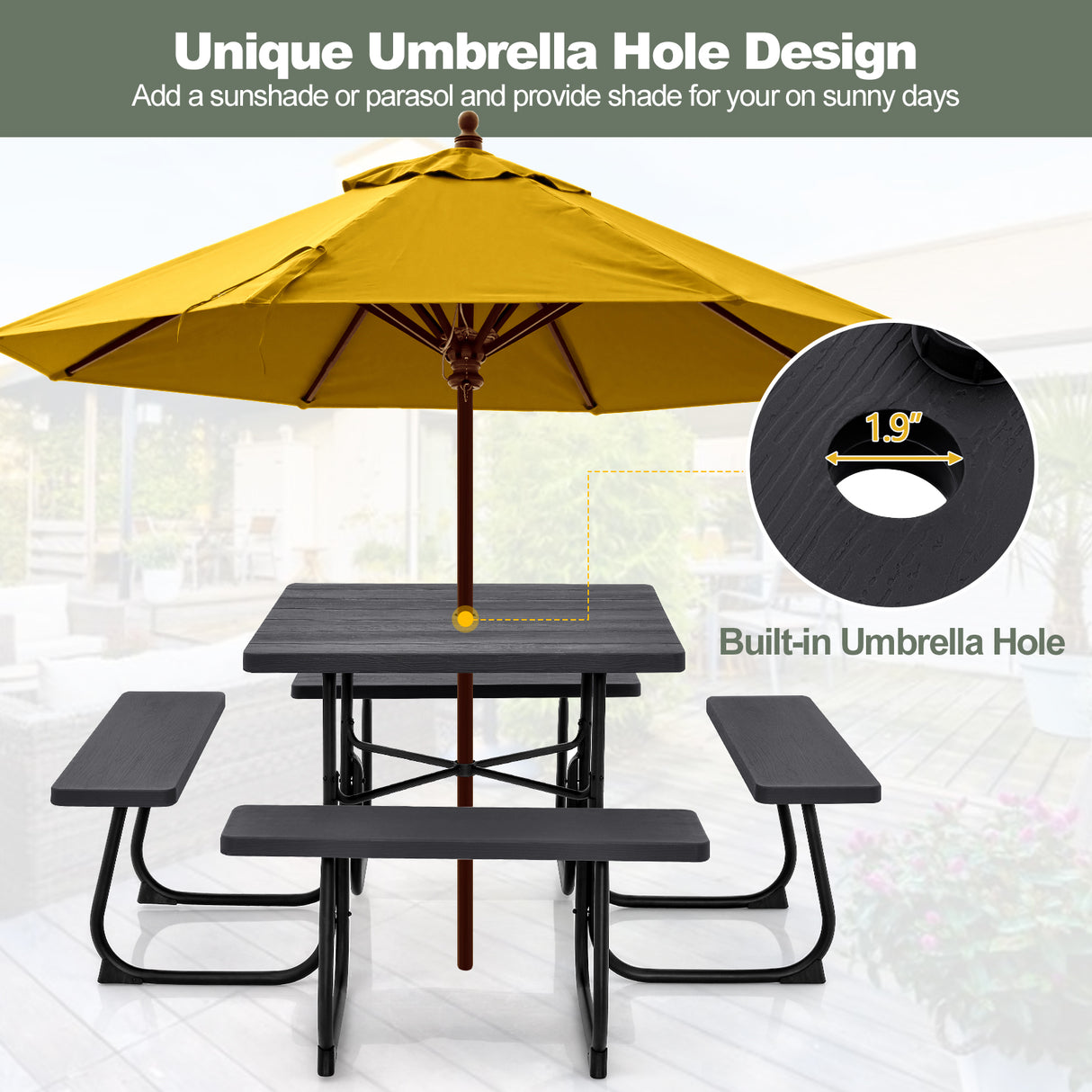 Outdoor Picnic Table with 4 Benches and Umbrella Hole