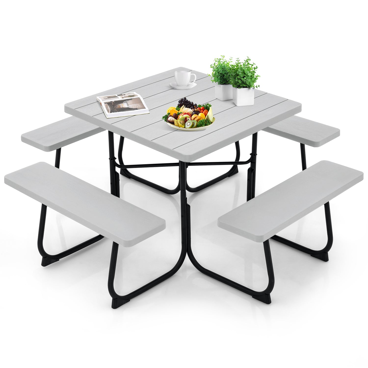 Outdoor Picnic Table with 4 Benches and Umbrella Hole
