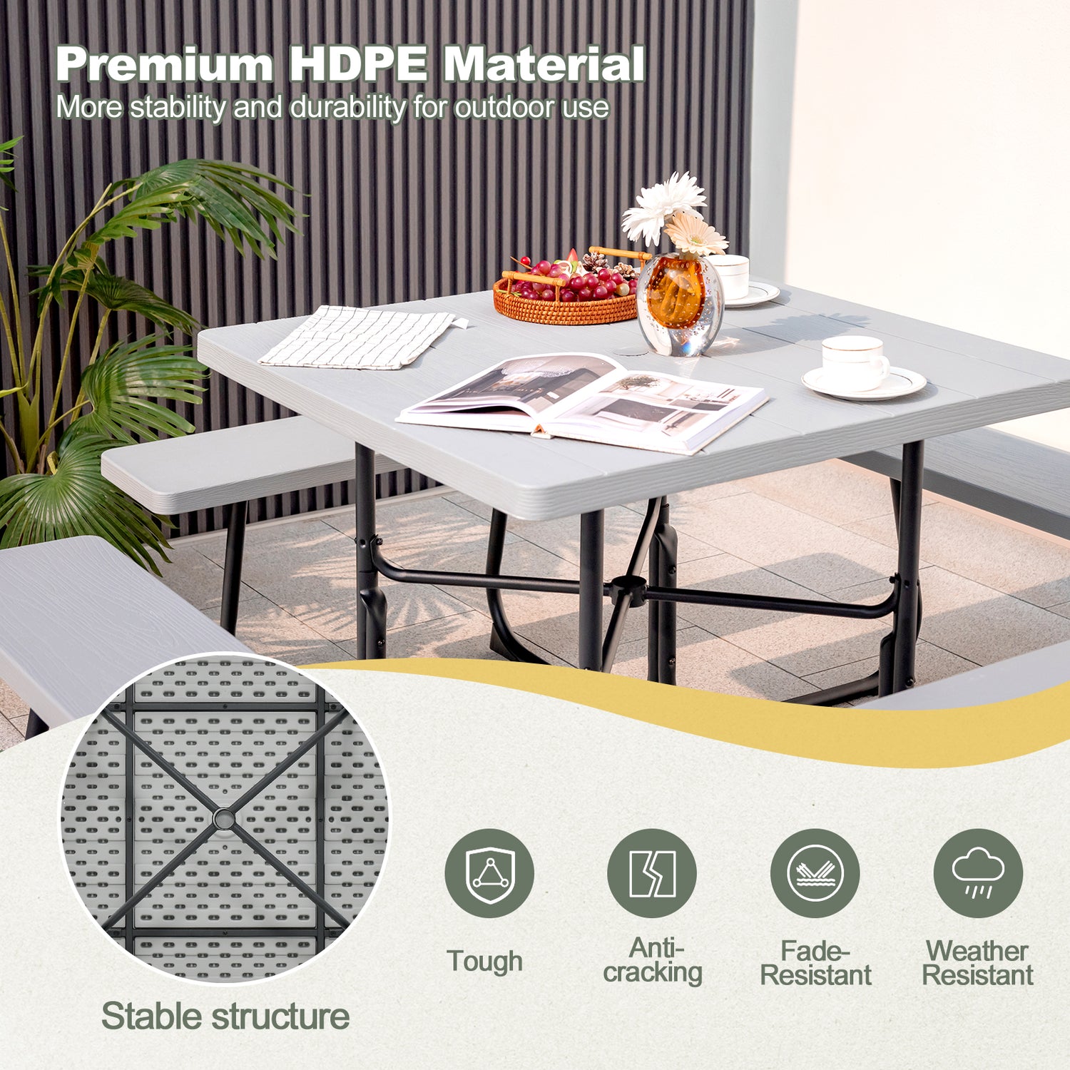 Outdoor Picnic Table with 4 Benches and Umbrella Hole