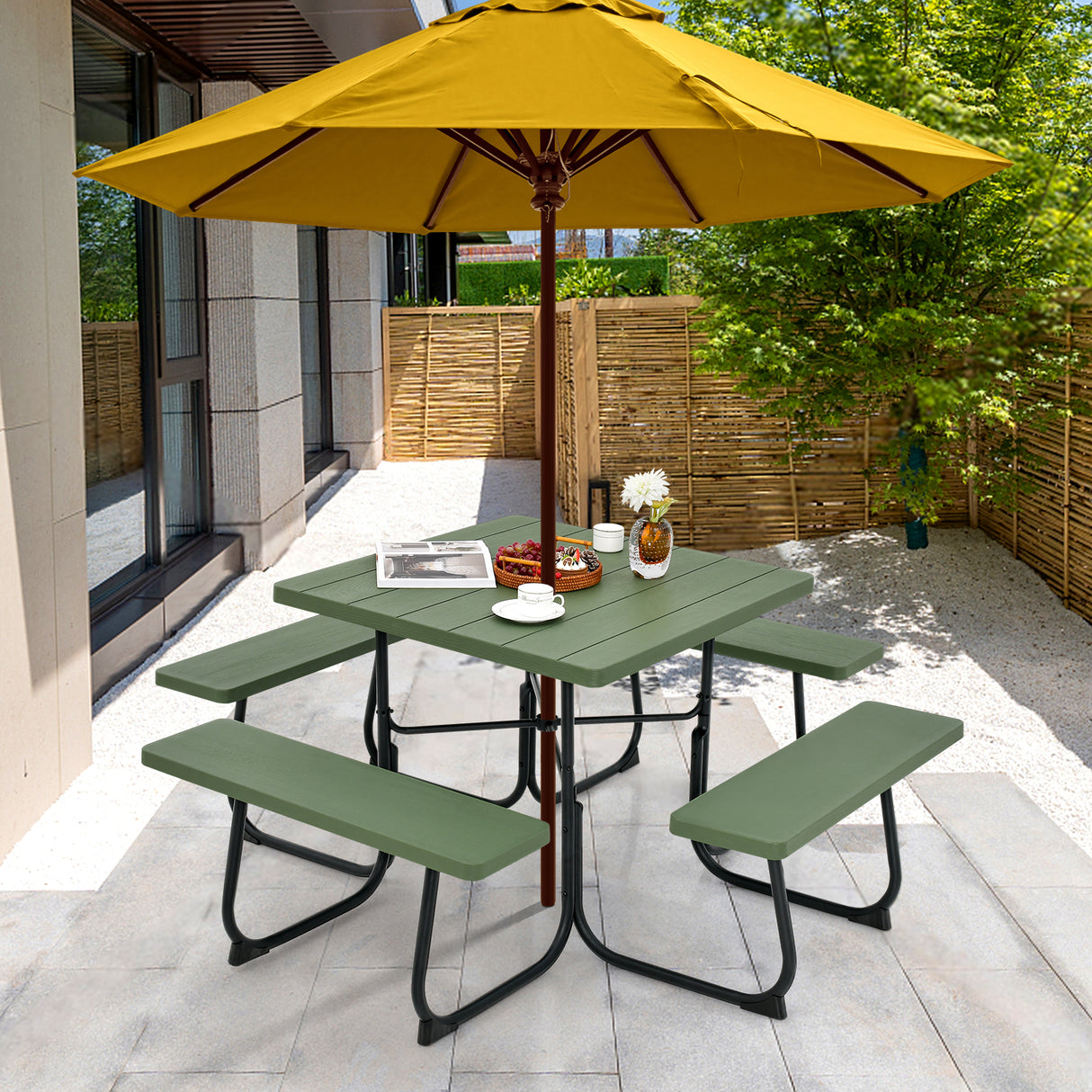 Outdoor Picnic Table with 4 Benches and Umbrella Hole