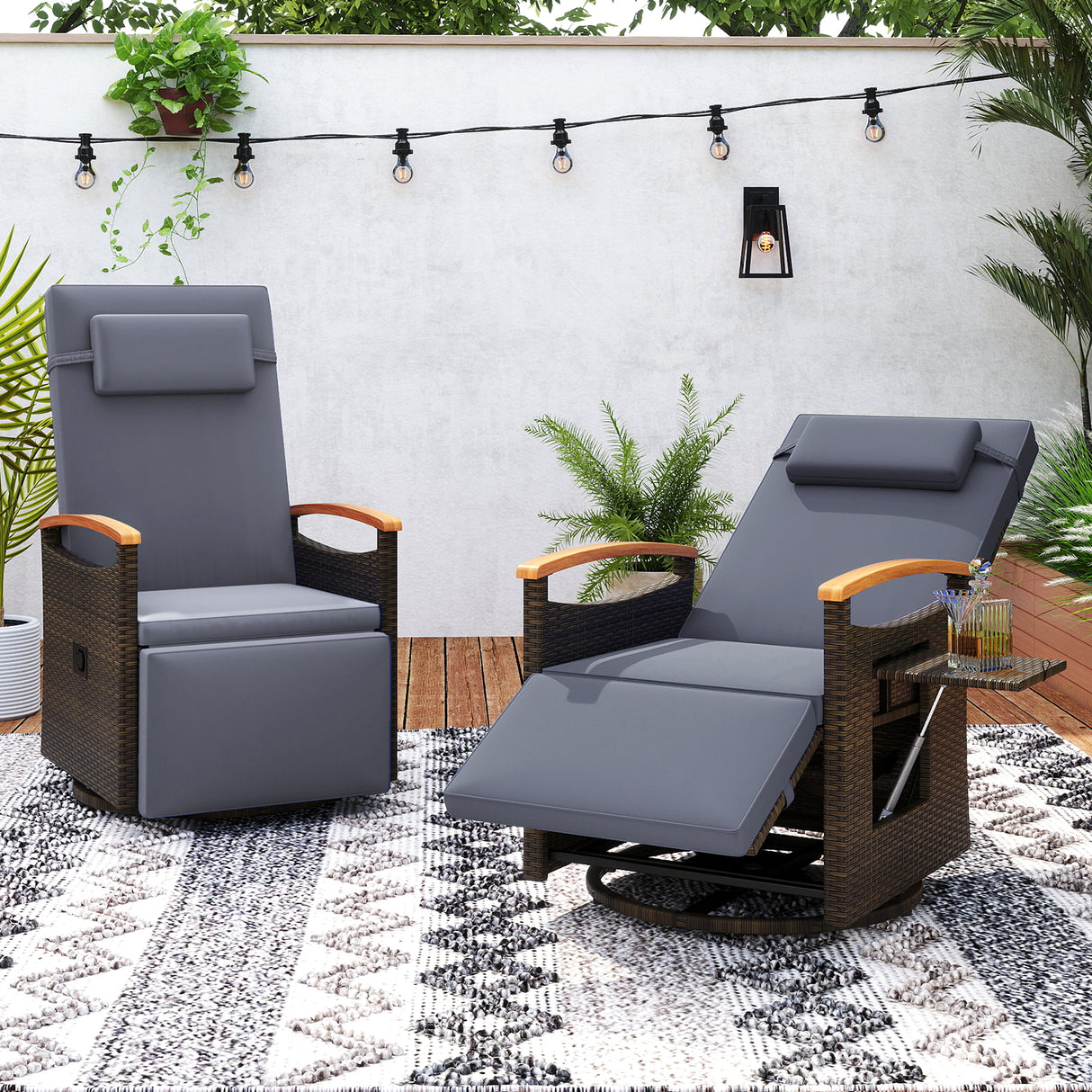 Patio Rattan 360° Swivel Recliner Chair with Adjustable Backrest and Footrest