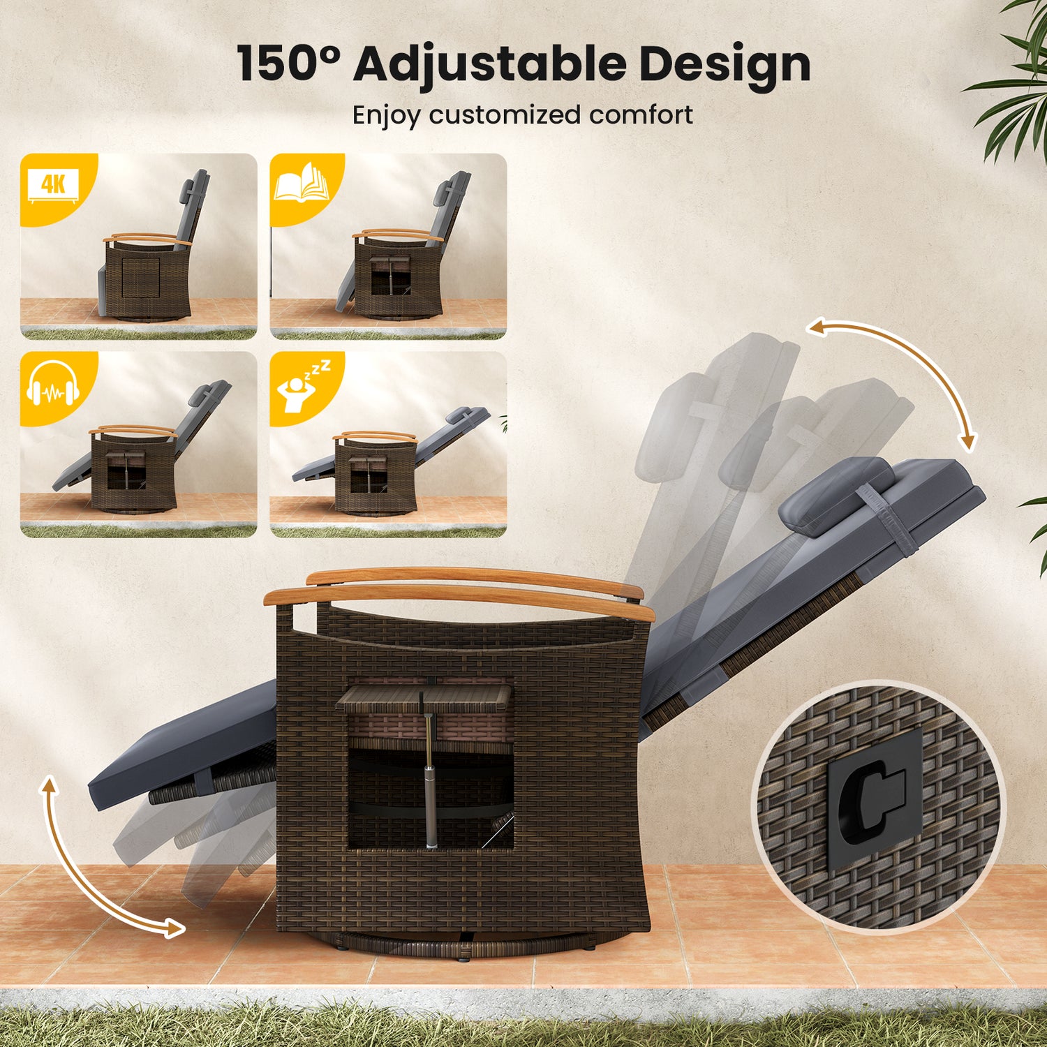 Patio Rattan 360° Swivel Recliner Chair with Adjustable Backrest and Footrest