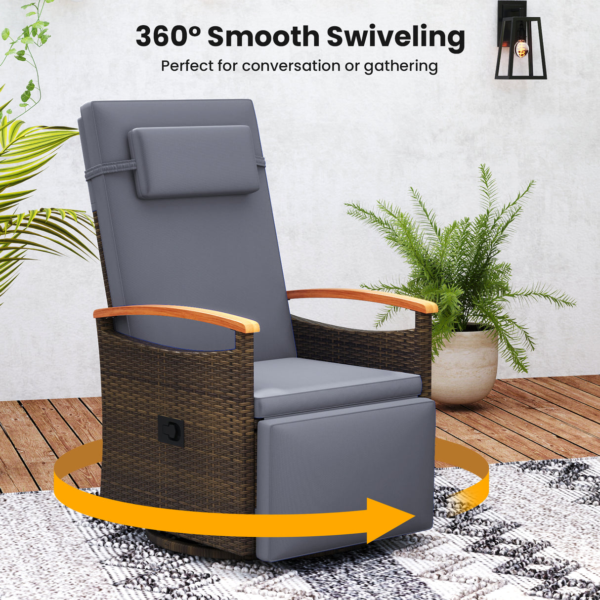 Patio Rattan 360° Swivel Recliner Chair with Adjustable Backrest and Footrest
