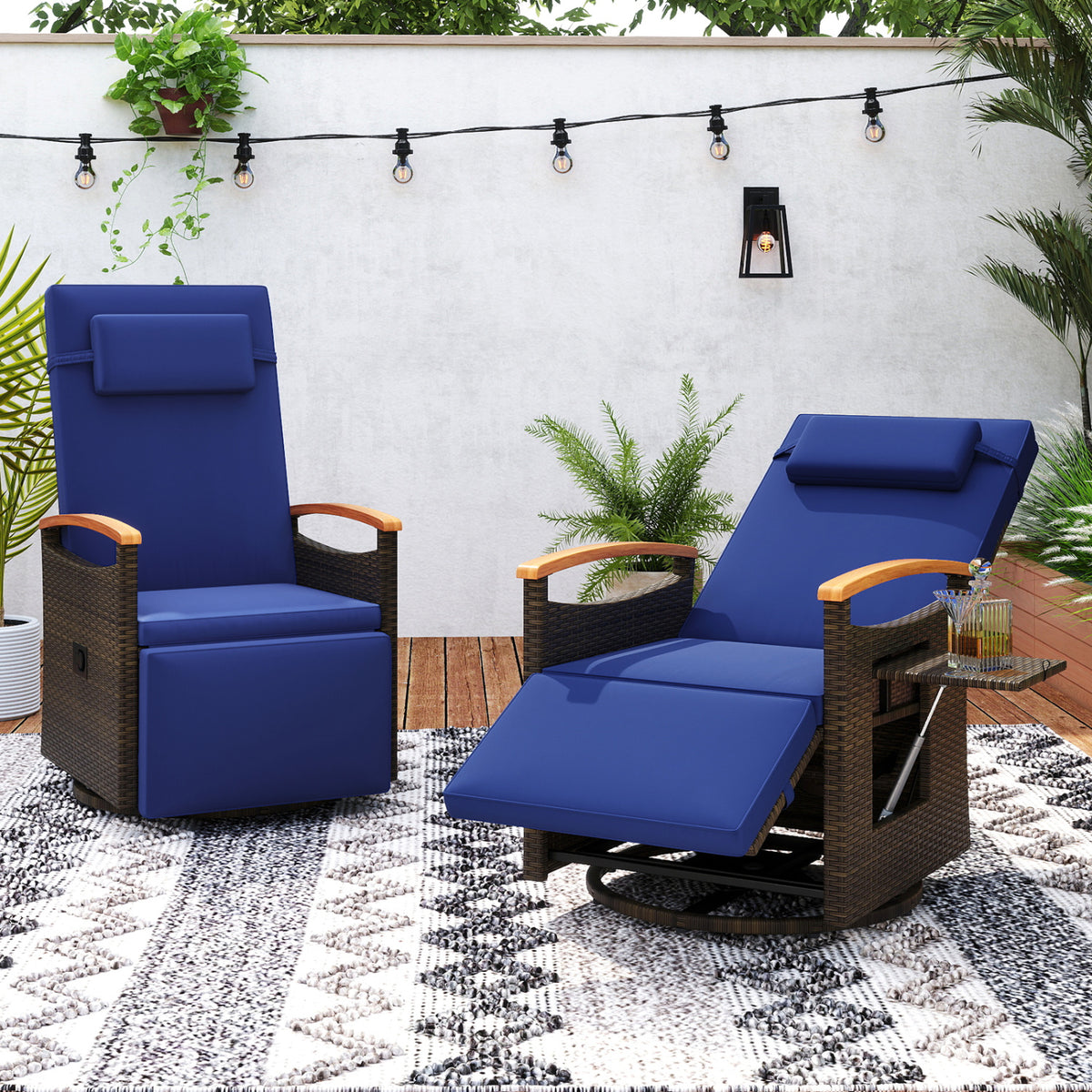 Set of 2 Patio Rattan 360° Swivel Recliner Chair with Adjustable Backrest and Footrest
