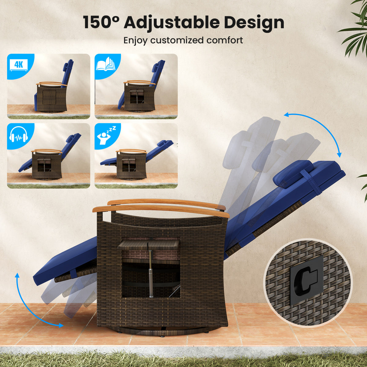 Set of 2 Patio Rattan 360° Swivel Recliner Chair with Adjustable Backrest and Footrest