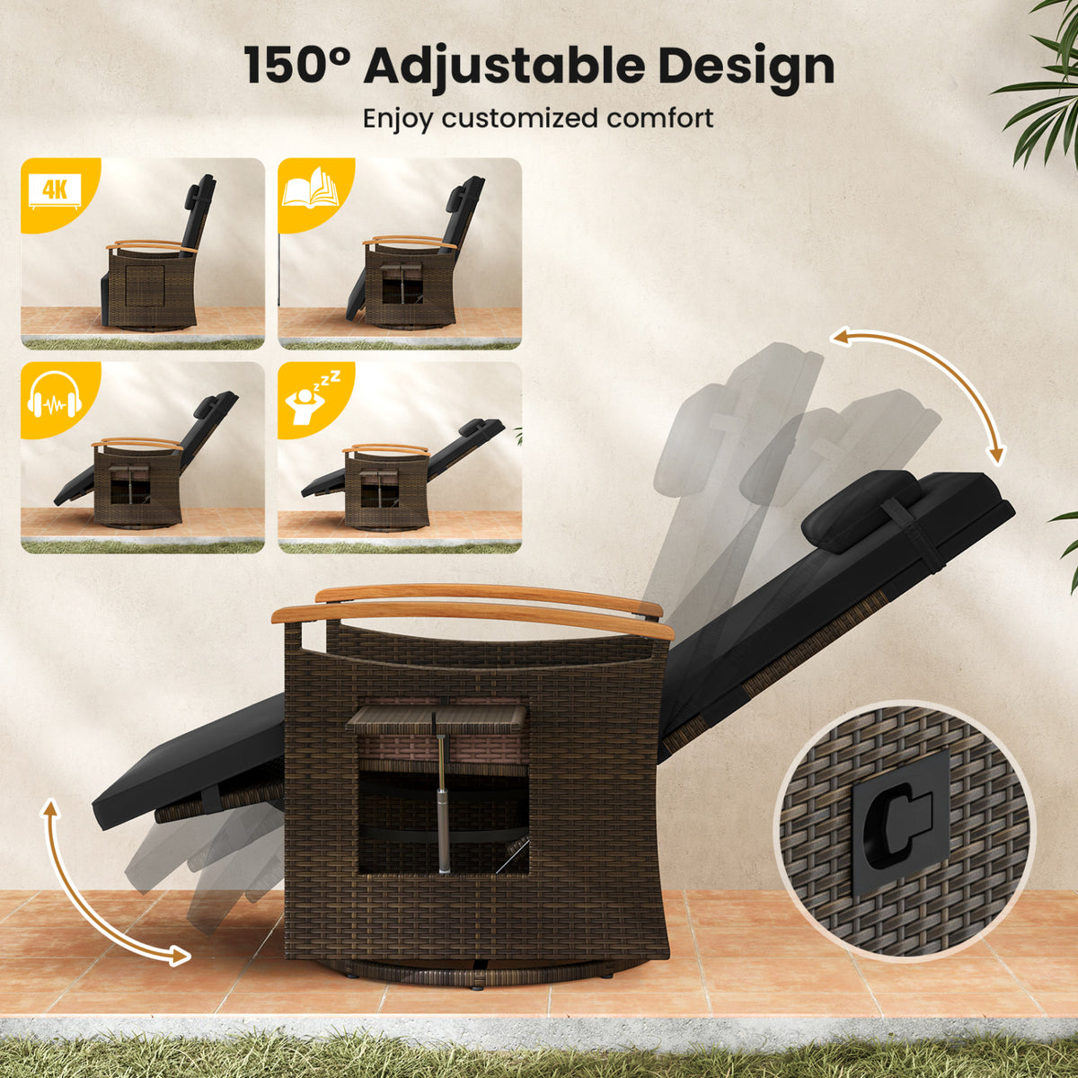 Set of 2 Patio Rattan 360° Swivel Recliner Chair with Adjustable Backrest and Footrest
