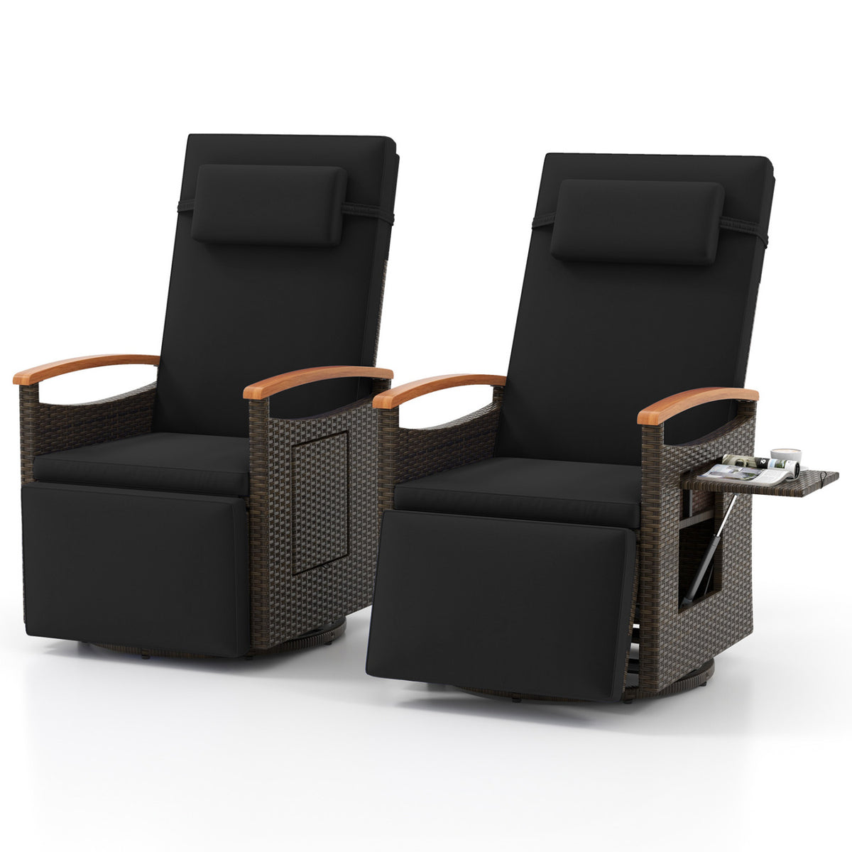 Set of 2 Patio Rattan 360° Swivel Recliner Chair with Adjustable Backrest and Footrest