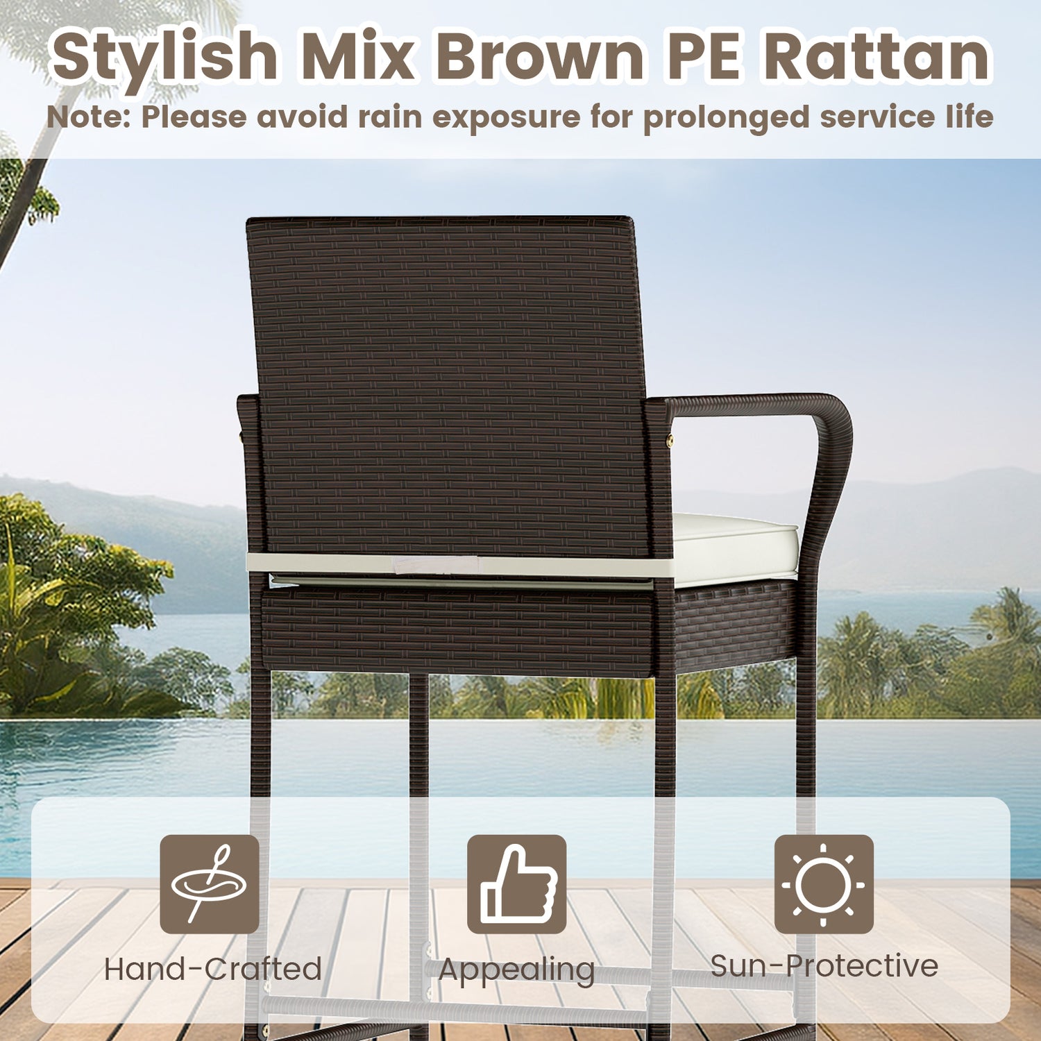 Patio Rattan Bar Height Table and Chairs with 2 Seat Cushions for Porch-White