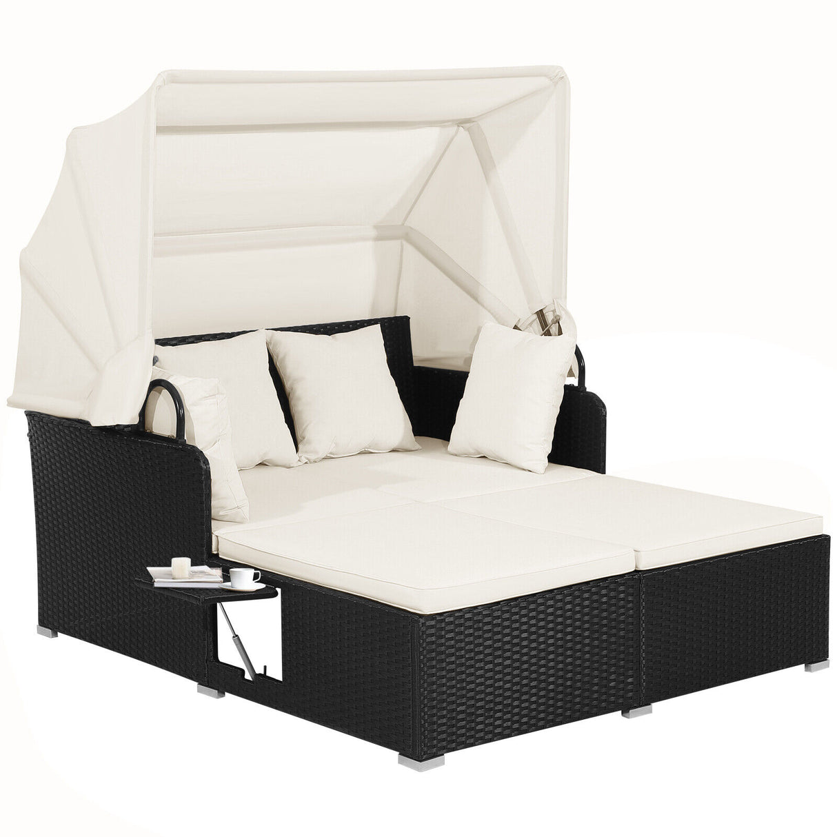 Patio Rattan Daybed with Retractable Canopy and Side Tables