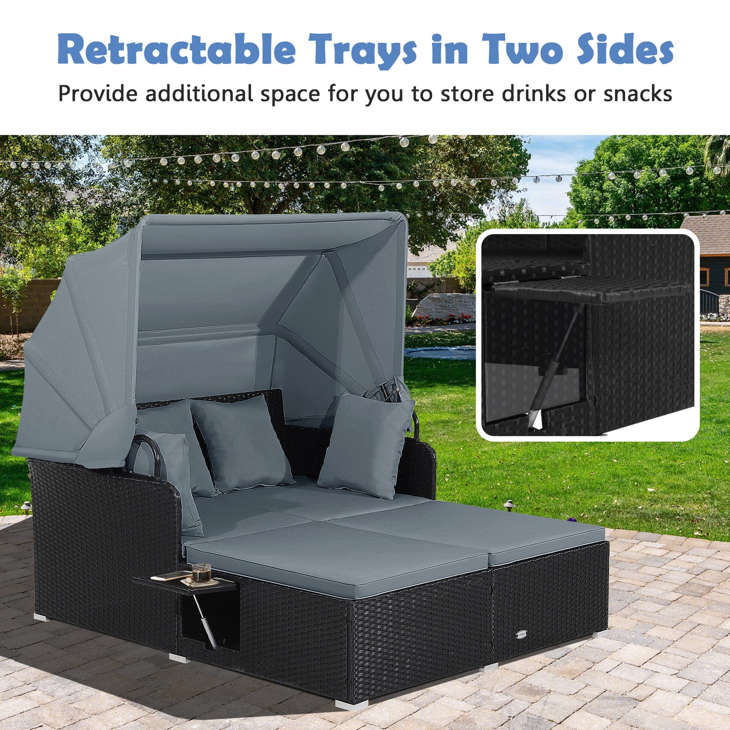 Patio Rattan Daybed with Retractable Canopy and Side Tables