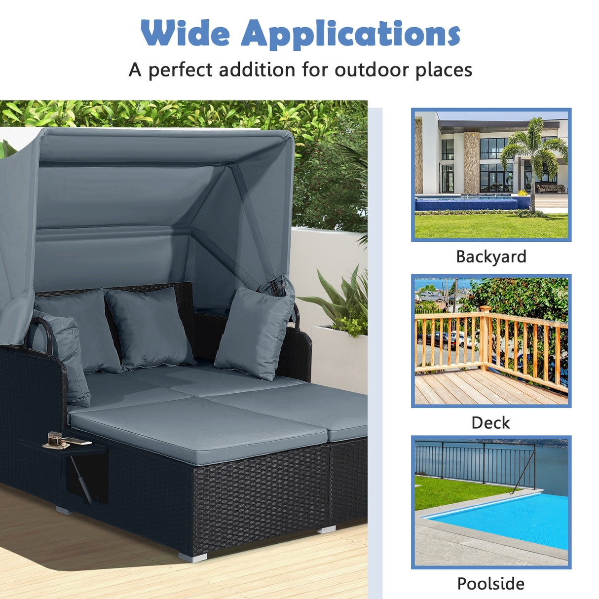 Patio Rattan Daybed with Retractable Canopy and Side Tables