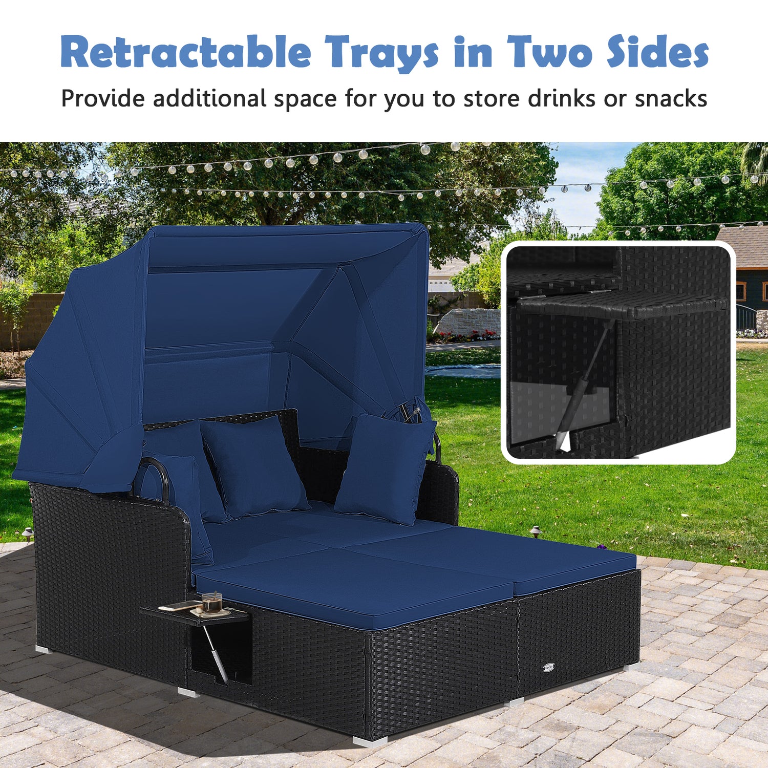 Patio Rattan Daybed with Retractable Canopy and Side Tables