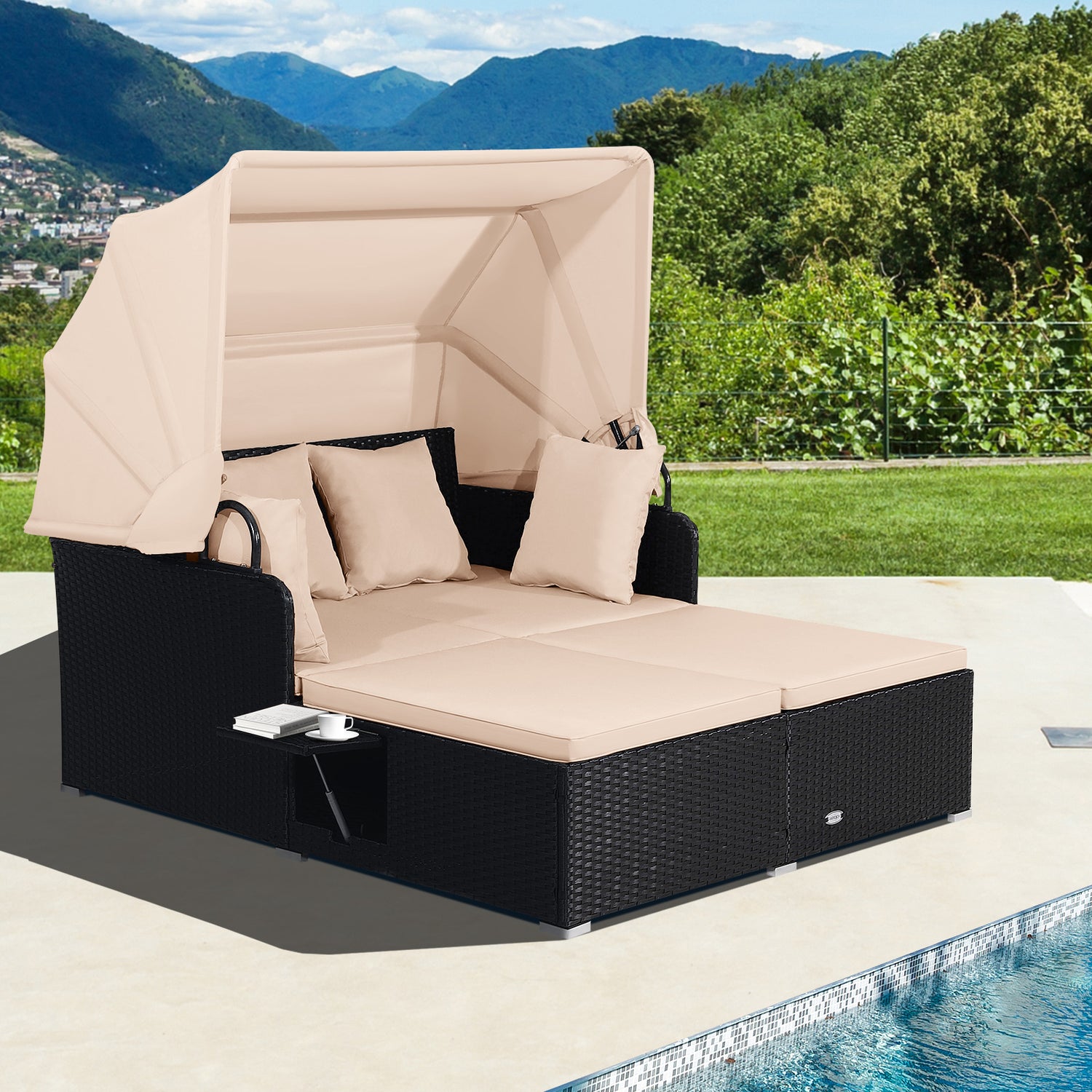 Patio Rattan Daybed with Retractable Canopy and Side Tables