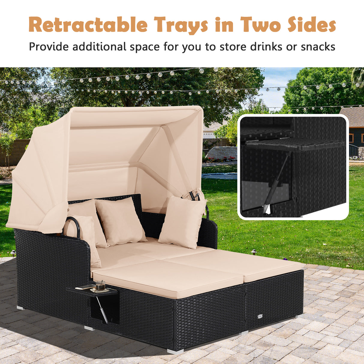 Patio Rattan Daybed with Retractable Canopy and Side Tables