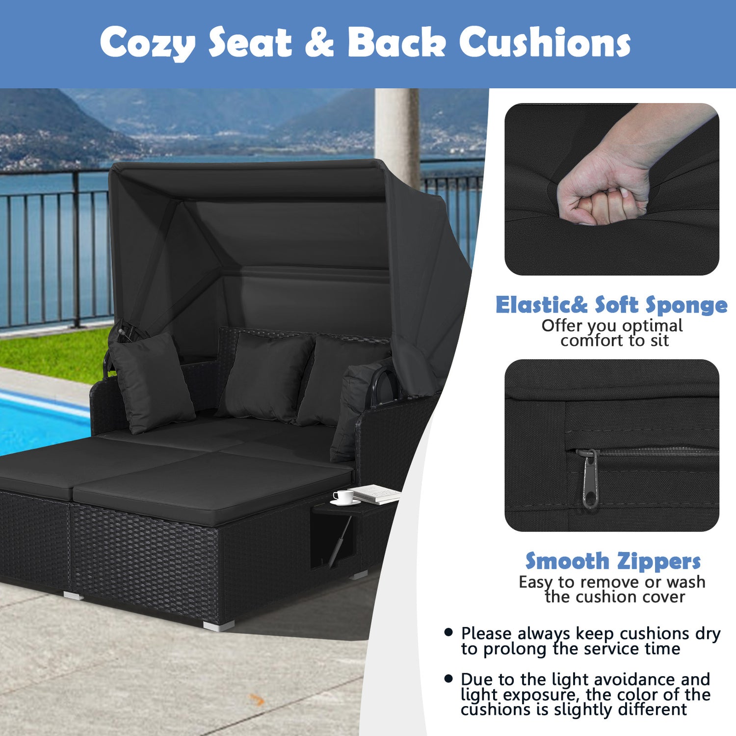 Patio Rattan Daybed with Retractable Canopy and Side Tables