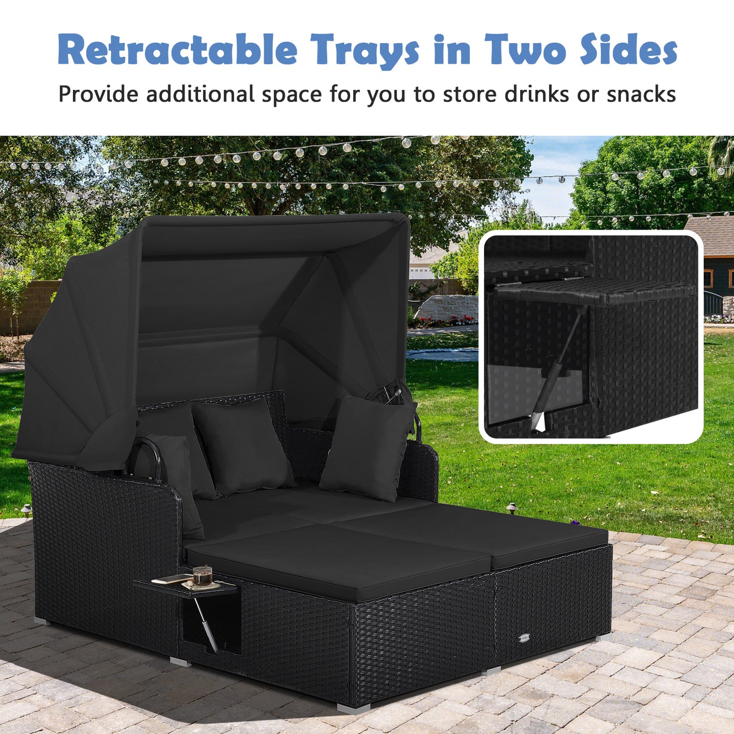 Patio Rattan Daybed with Retractable Canopy and Side Tables