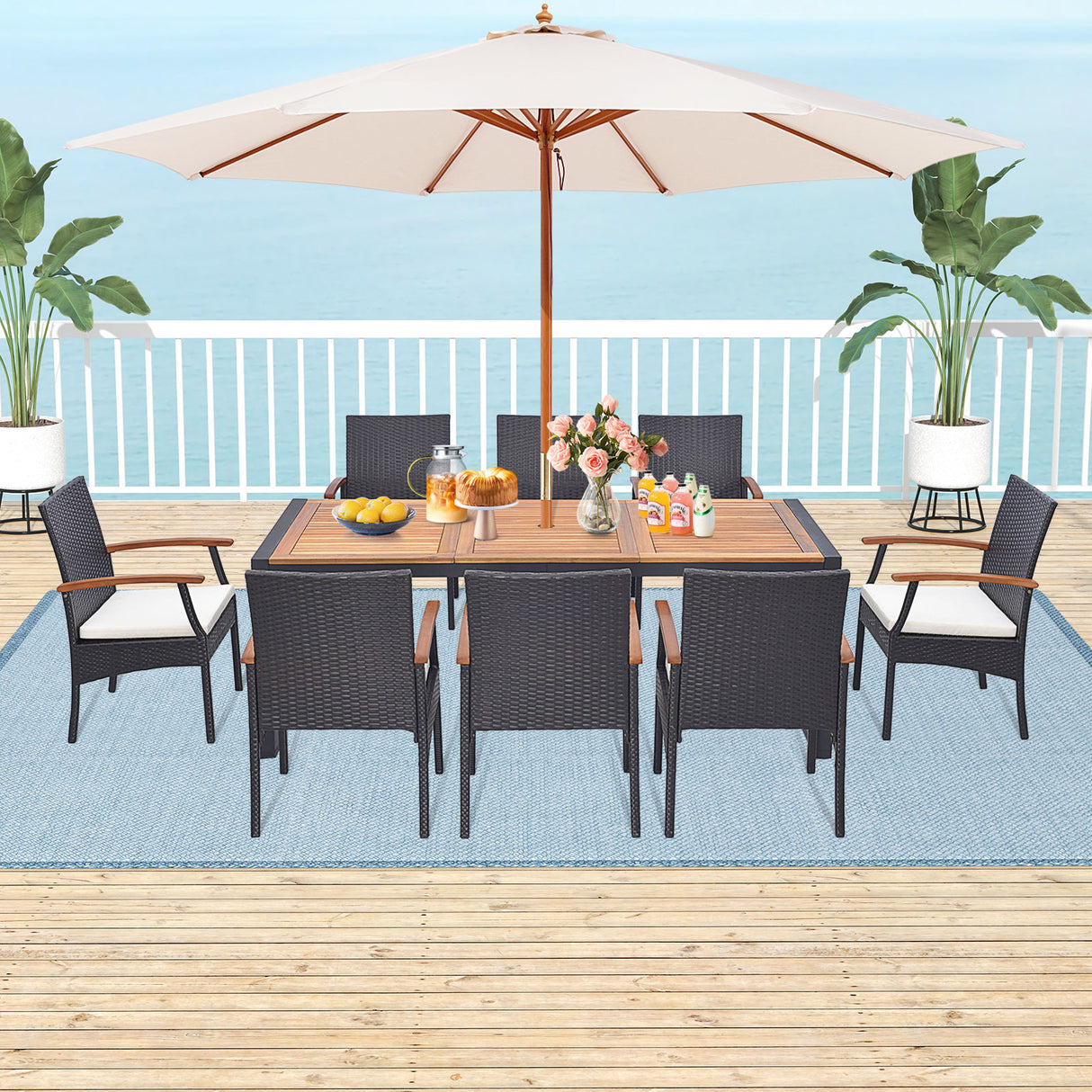 9 Pieces Patio Rattan Dining Set with Acacia Wood Table for Backyard Garden-L