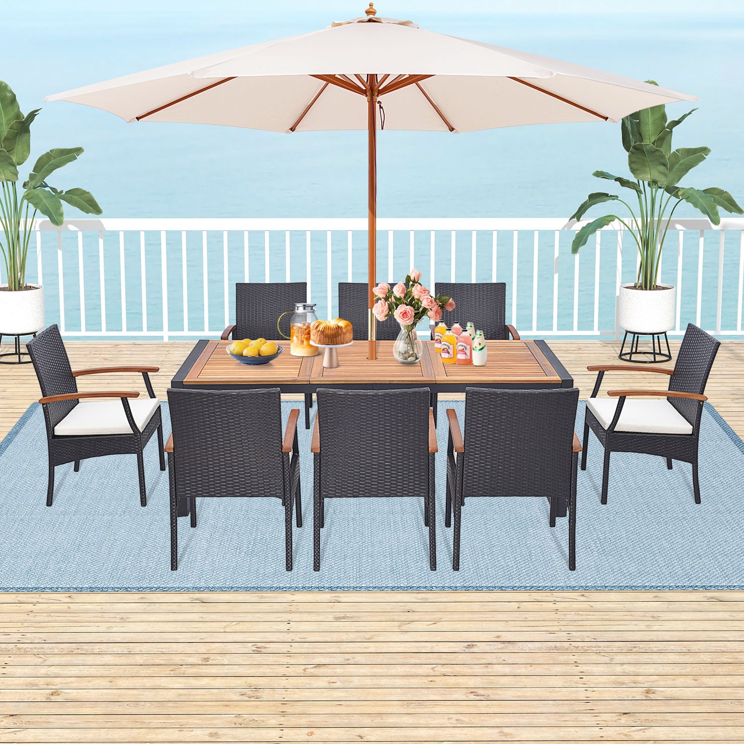9 Pieces Patio Rattan Dining Set with Acacia Wood Table for Backyard Garden-L