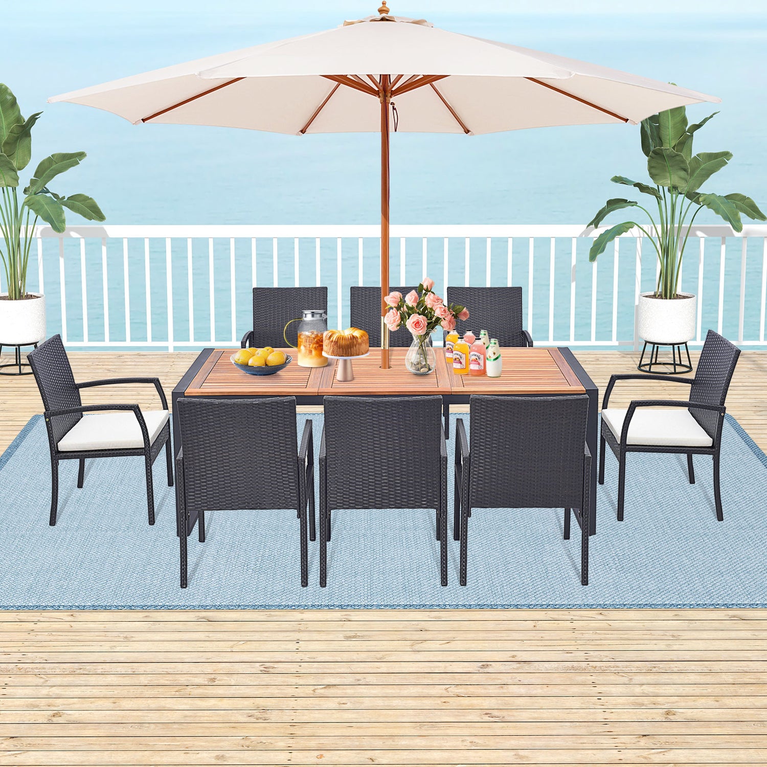 9 Pieces Patio Rattan Dining Set with Acacia Wood Table for Backyard Garden-L