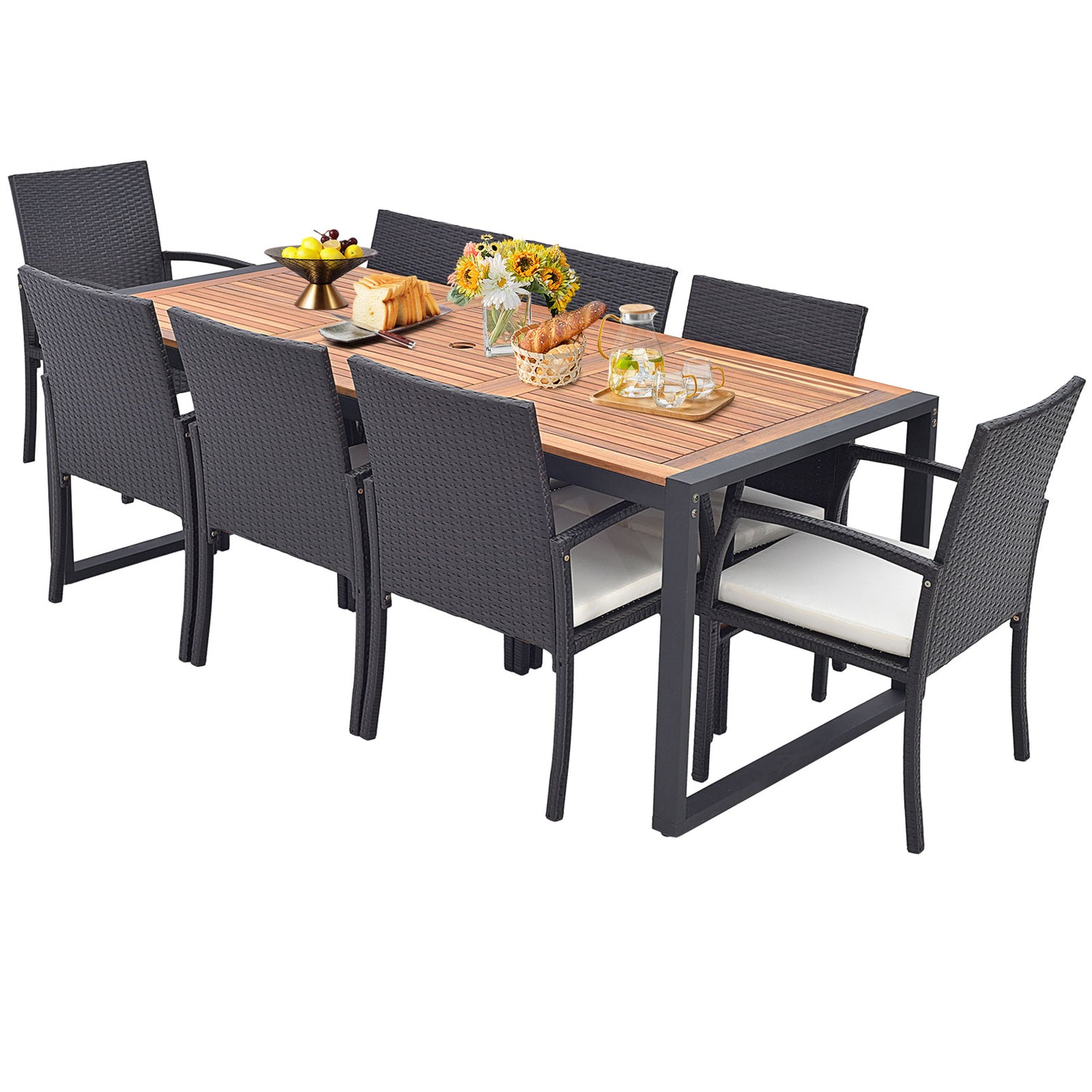 9 Pieces Patio Rattan Dining Set with Acacia Wood Table for Backyard Garden-L