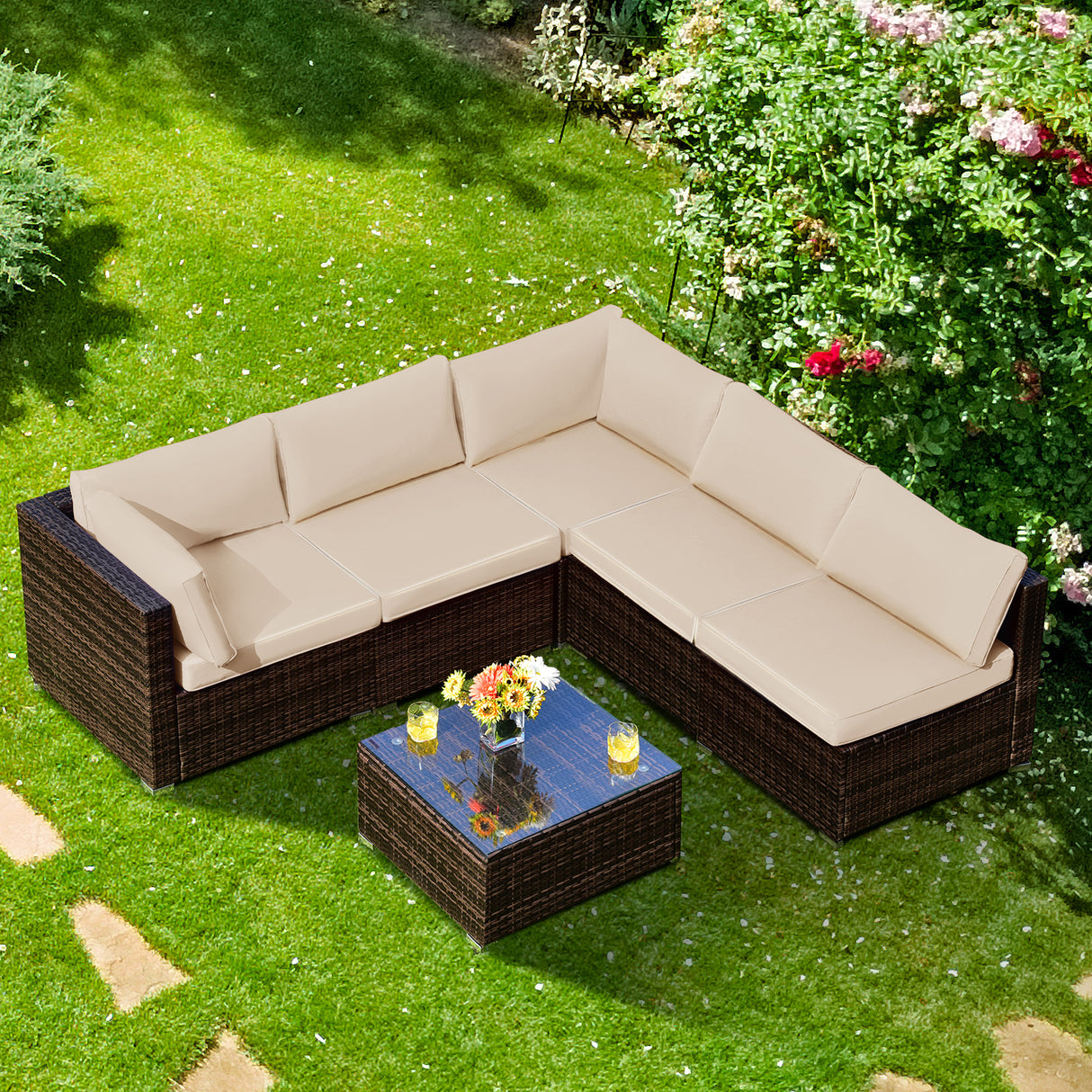 6 Pieces Patio Rattan Furniture Set with Cushions and Glass Coffee Table