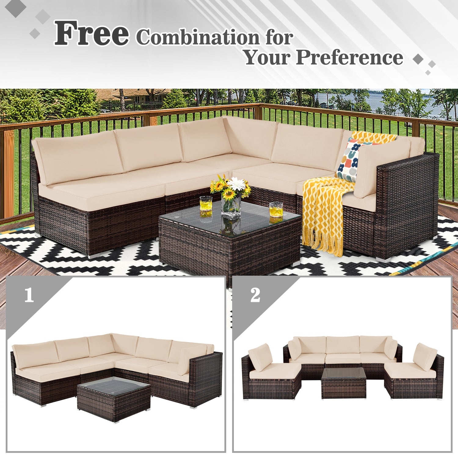 6 Pieces Patio Rattan Furniture Set with Cushions and Glass Coffee Table