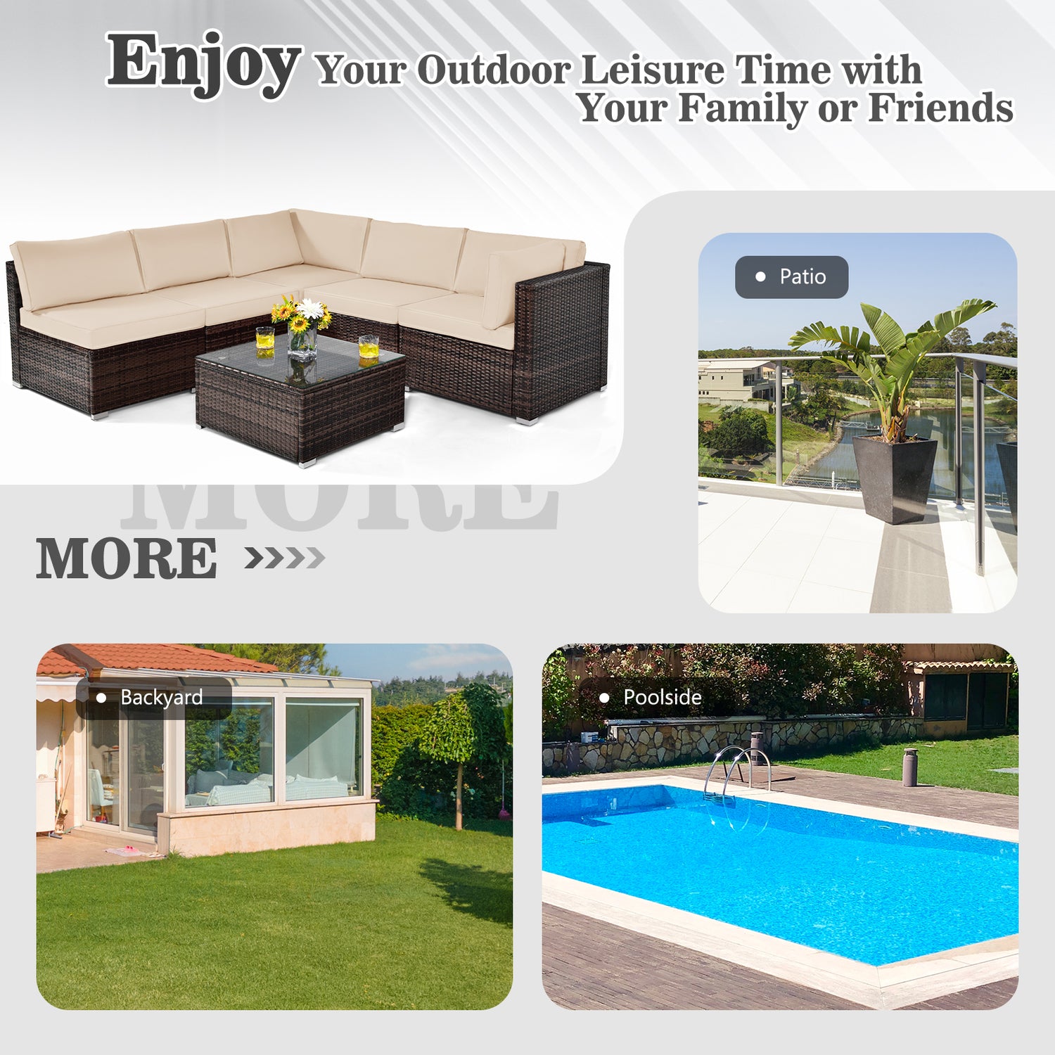 6 Pieces Patio Rattan Furniture Set with Cushions and Glass Coffee Table