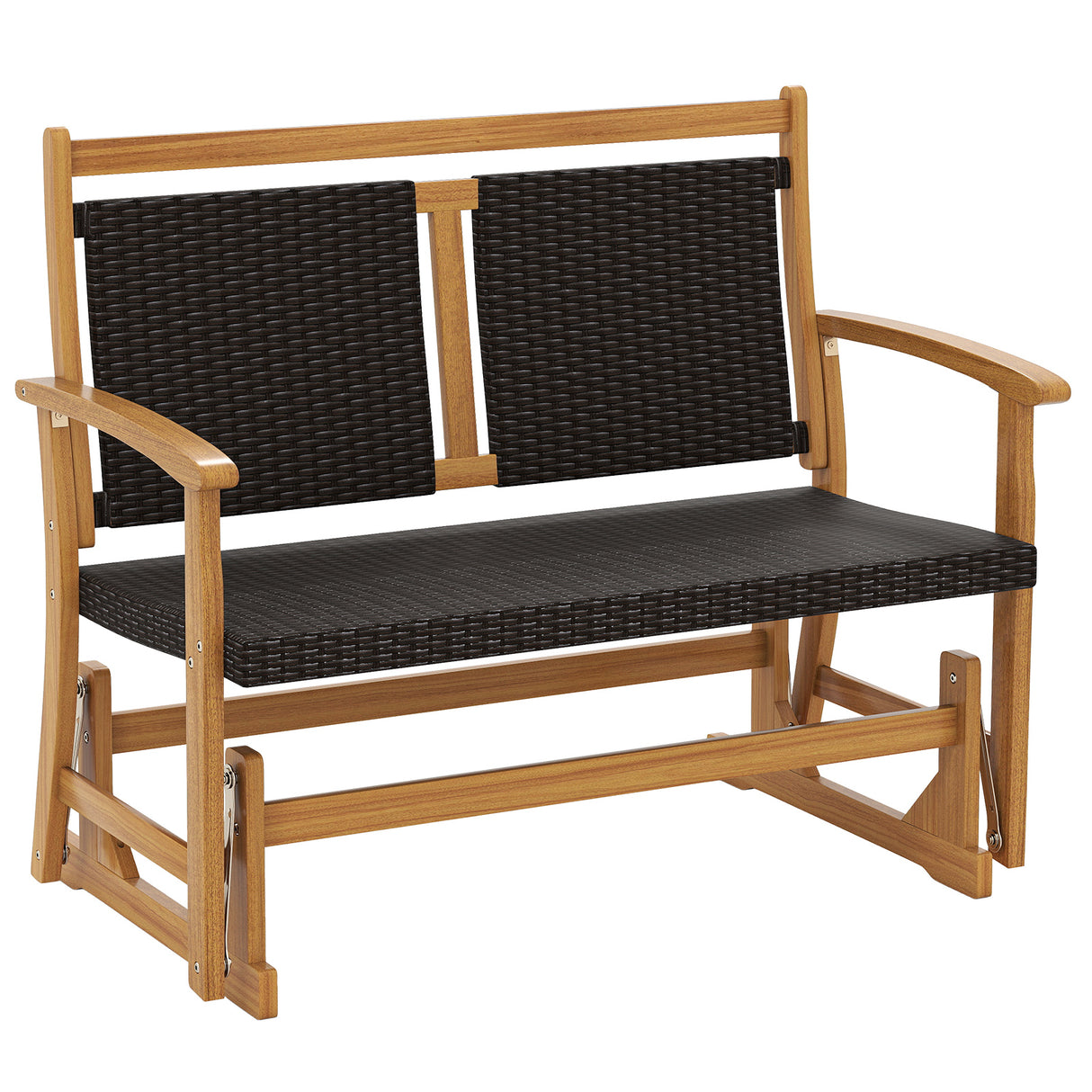 Patio Rattan Glider Chair with Acacia Wood Frame and Wicker Seat Back