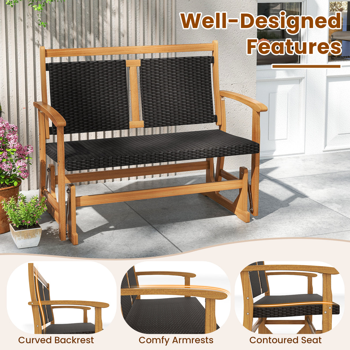 Patio Rattan Glider Chair with Acacia Wood Frame and Wicker Seat Back