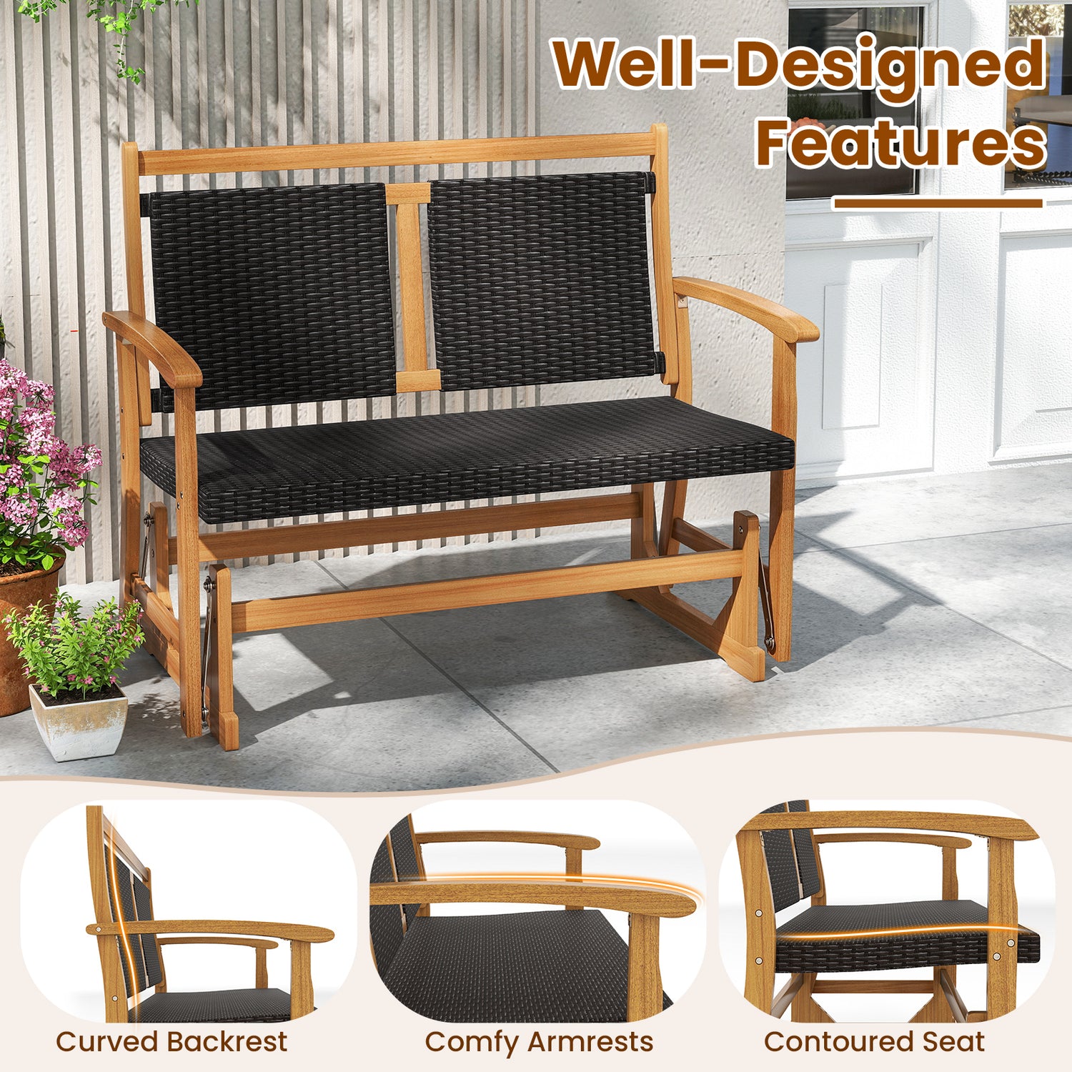 Patio Rattan Glider Chair with Acacia Wood Frame and Wicker Seat Back