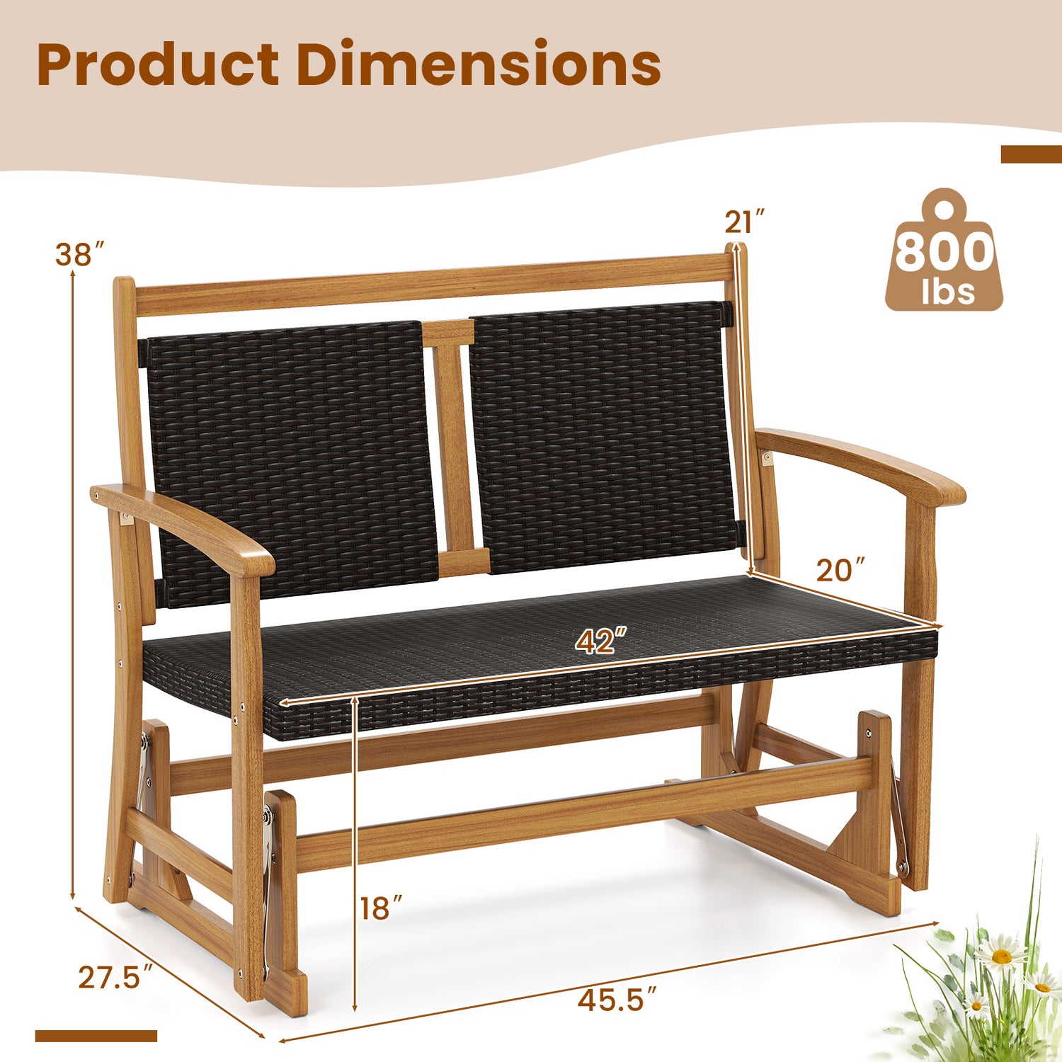 Patio Rattan Glider Chair with Acacia Wood Frame and Wicker Seat Back