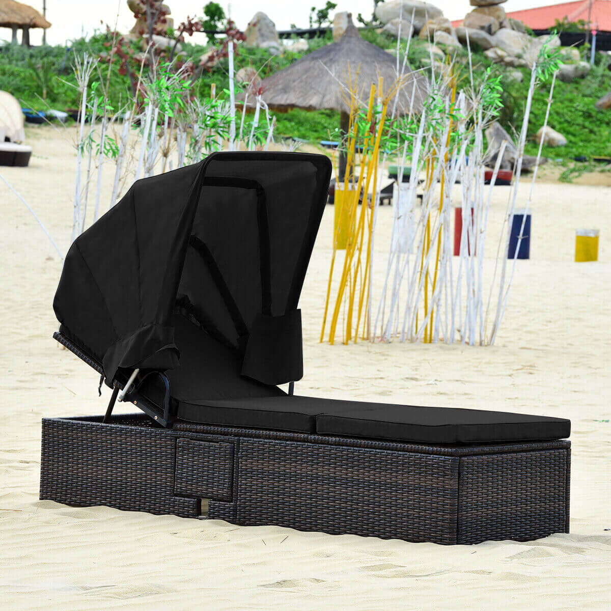 Chaise Cushioned Top Canopy Patio Rattan Lounge Chair with Tea Table