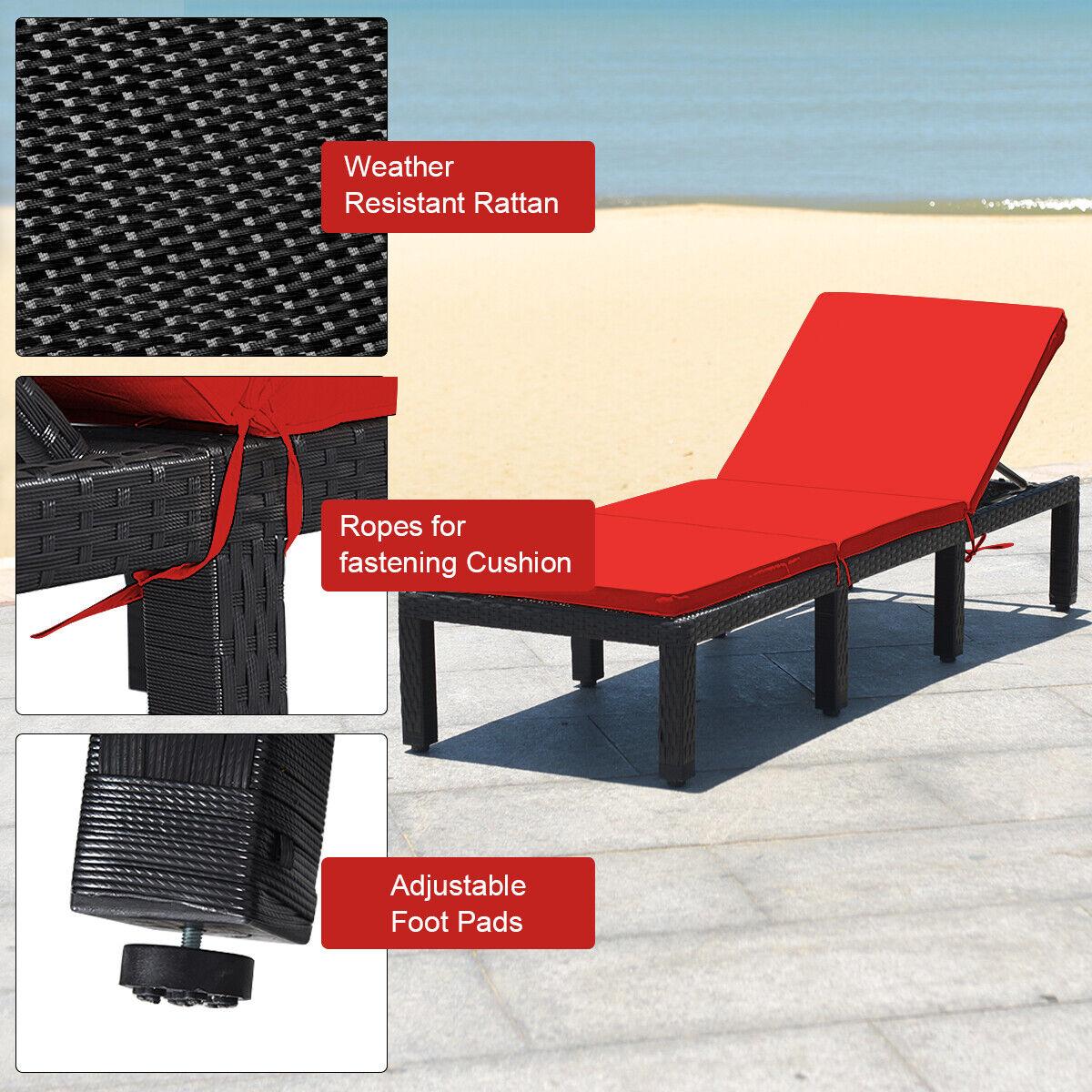 Patio Rattan Cushioned Height Adjustable Lounge Chair