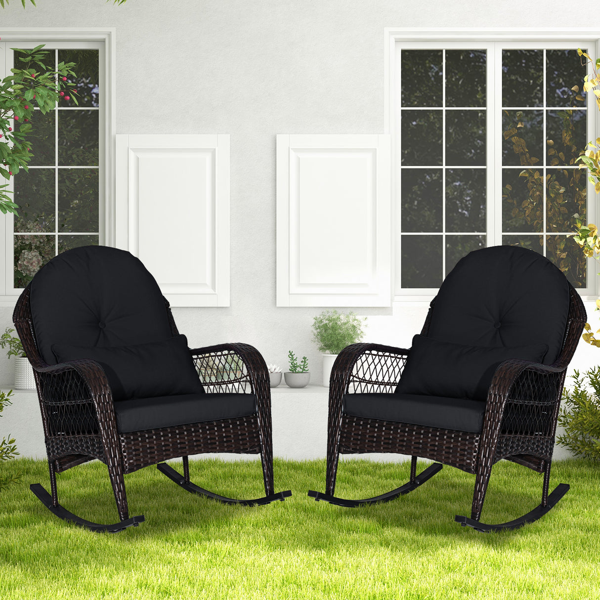 Patio Rattan Rocking Chair with Seat Back Cushions and Waist Pillow