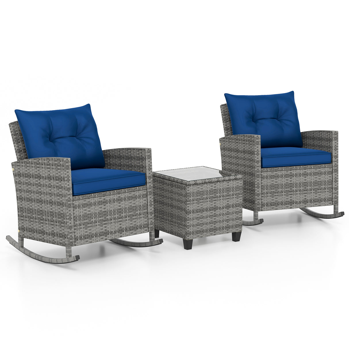 3-Piece Patio Rattan Roker Chairs with Tempered Glass Table and Soft Cushions