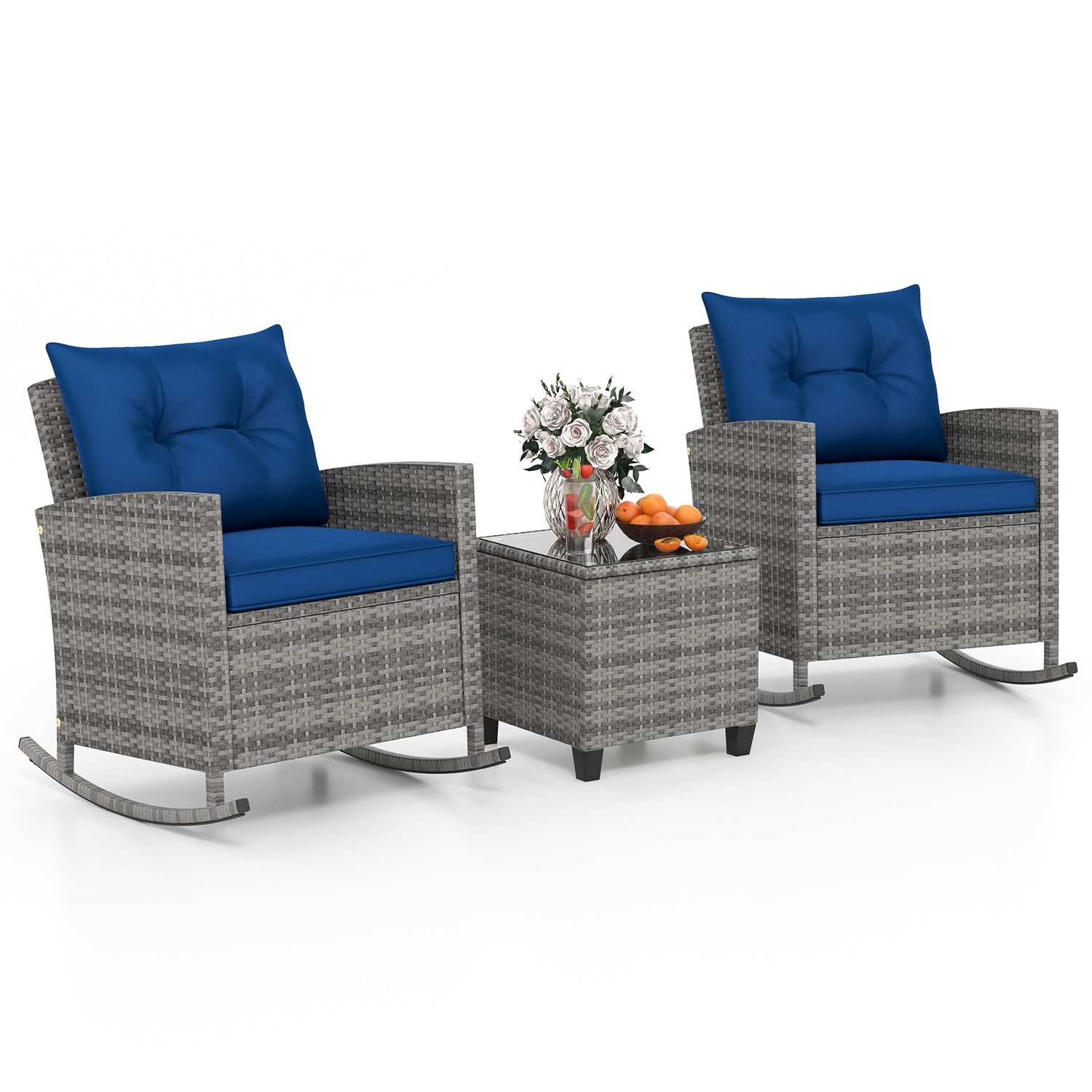 3-Piece Patio Rattan Roker Chairs with Tempered Glass Table and Soft Cushions