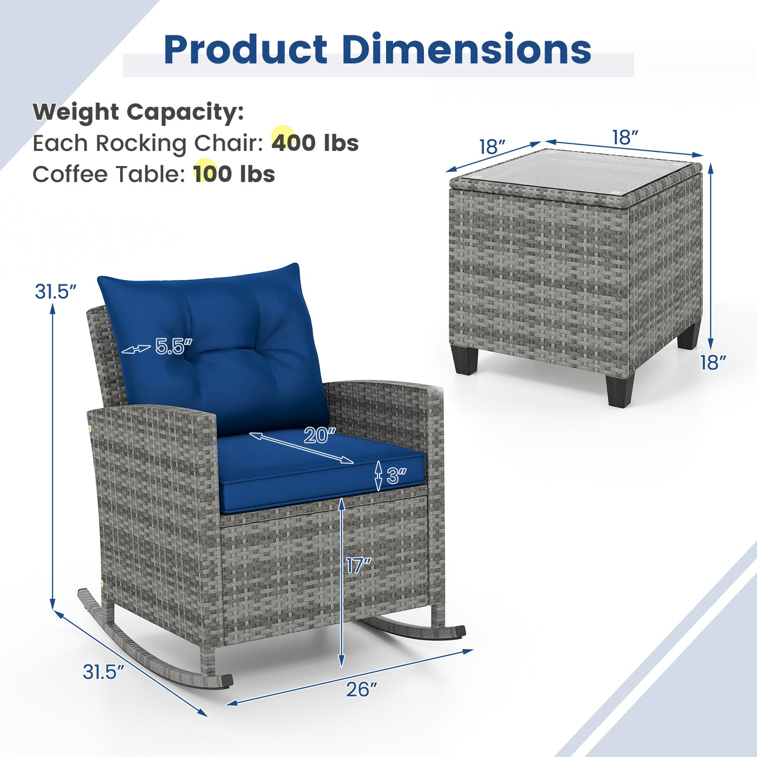3-Piece Patio Rattan Roker Chairs with Tempered Glass Table and Soft Cushions