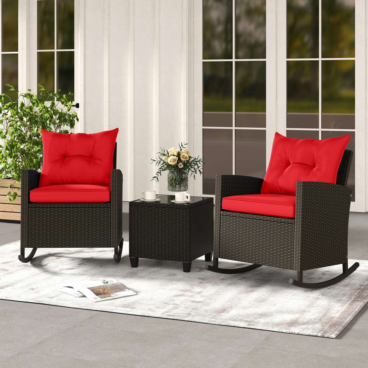 3-Piece Patio Rattan Roker Chairs with Tempered Glass Table and Soft Cushions