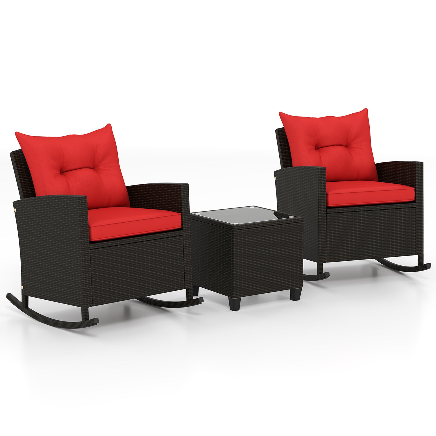 3-Piece Patio Rattan Roker Chairs with Tempered Glass Table and Soft Cushions