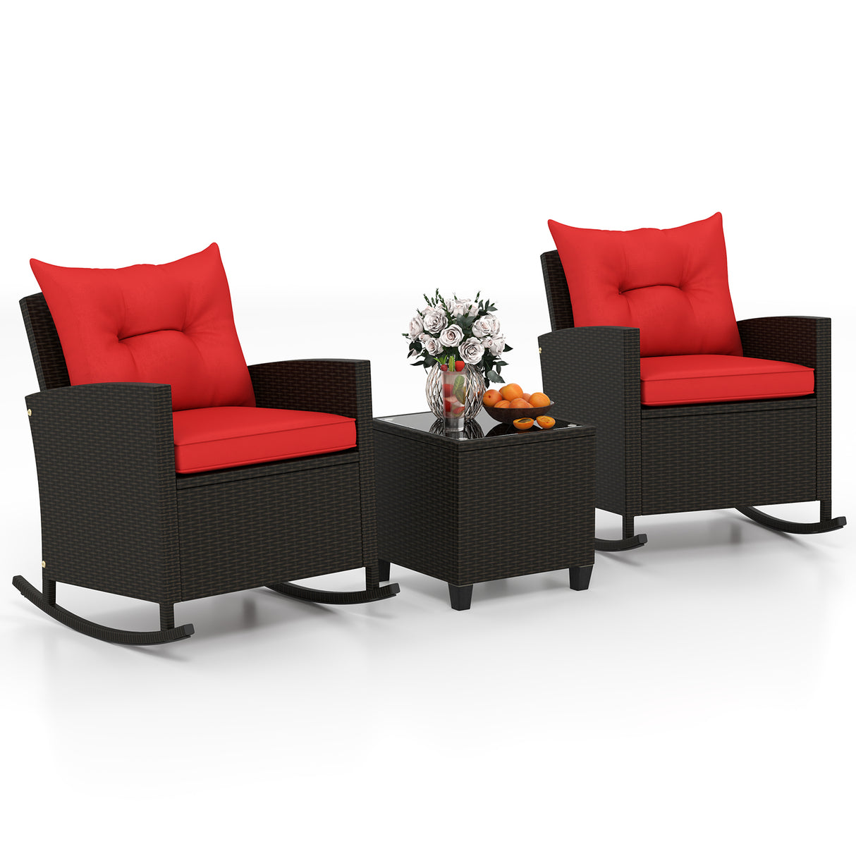 3-Piece Patio Rattan Roker Chairs with Tempered Glass Table and Soft Cushions