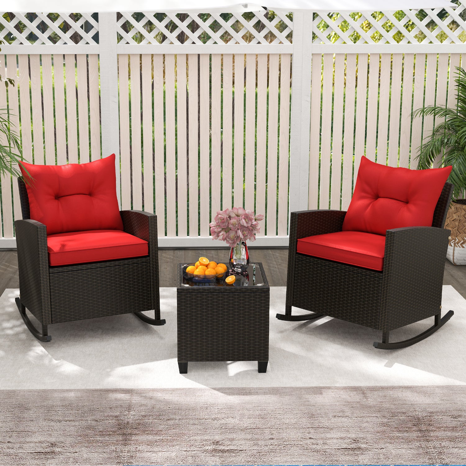 3-Piece Patio Rattan Roker Chairs with Tempered Glass Table and Soft Cushions