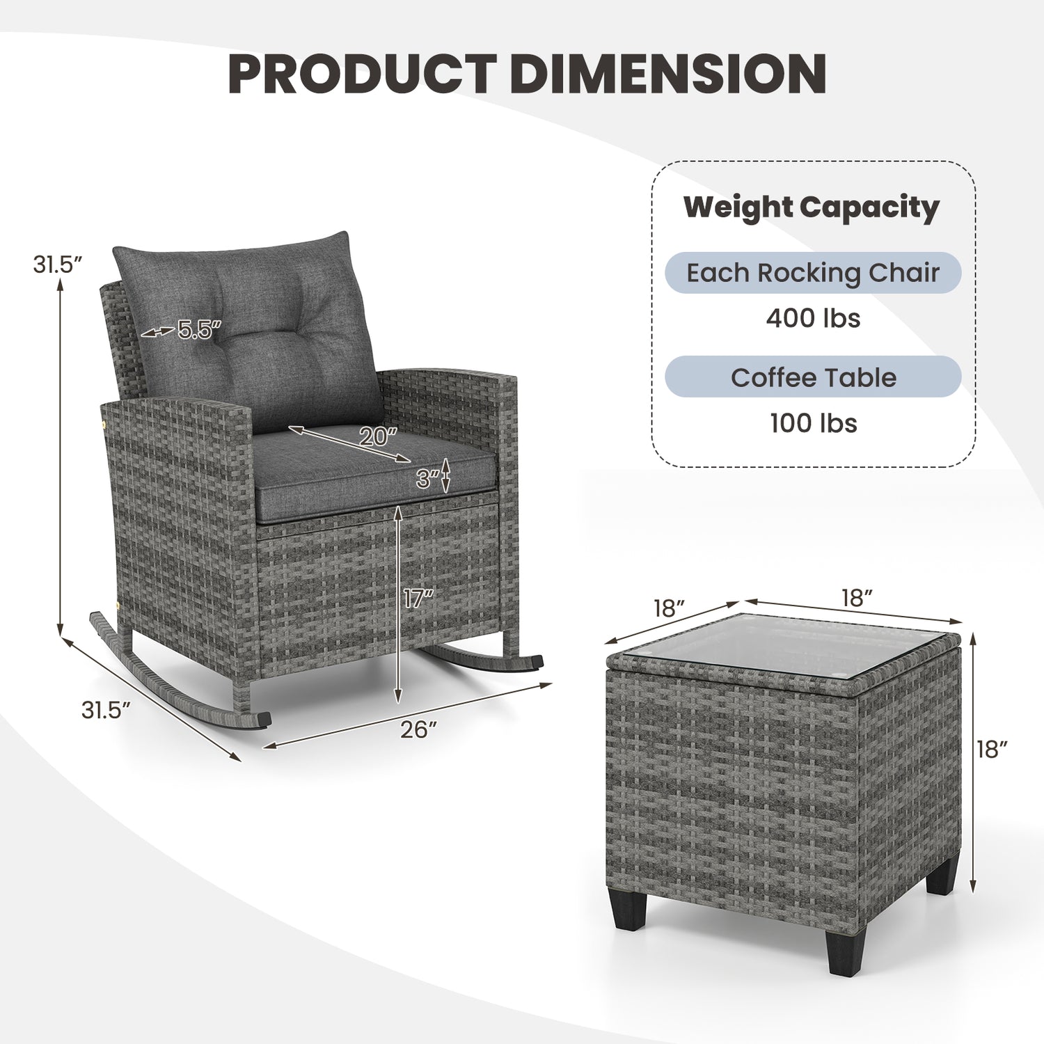 3-Piece Patio Rattan Roker Chairs with Tempered Glass Table and Soft Cushions