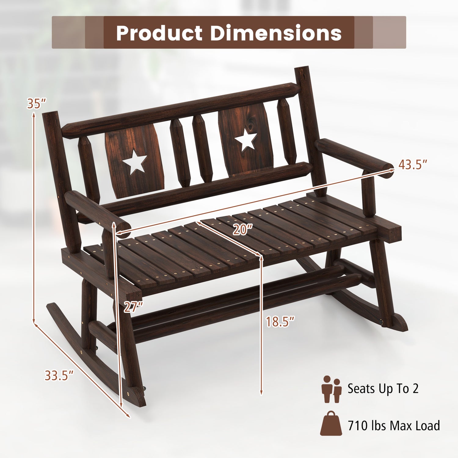 Patio Rocking Bench Double Rocker Chair with Ergonomic Seat 2-Person Loveseat
