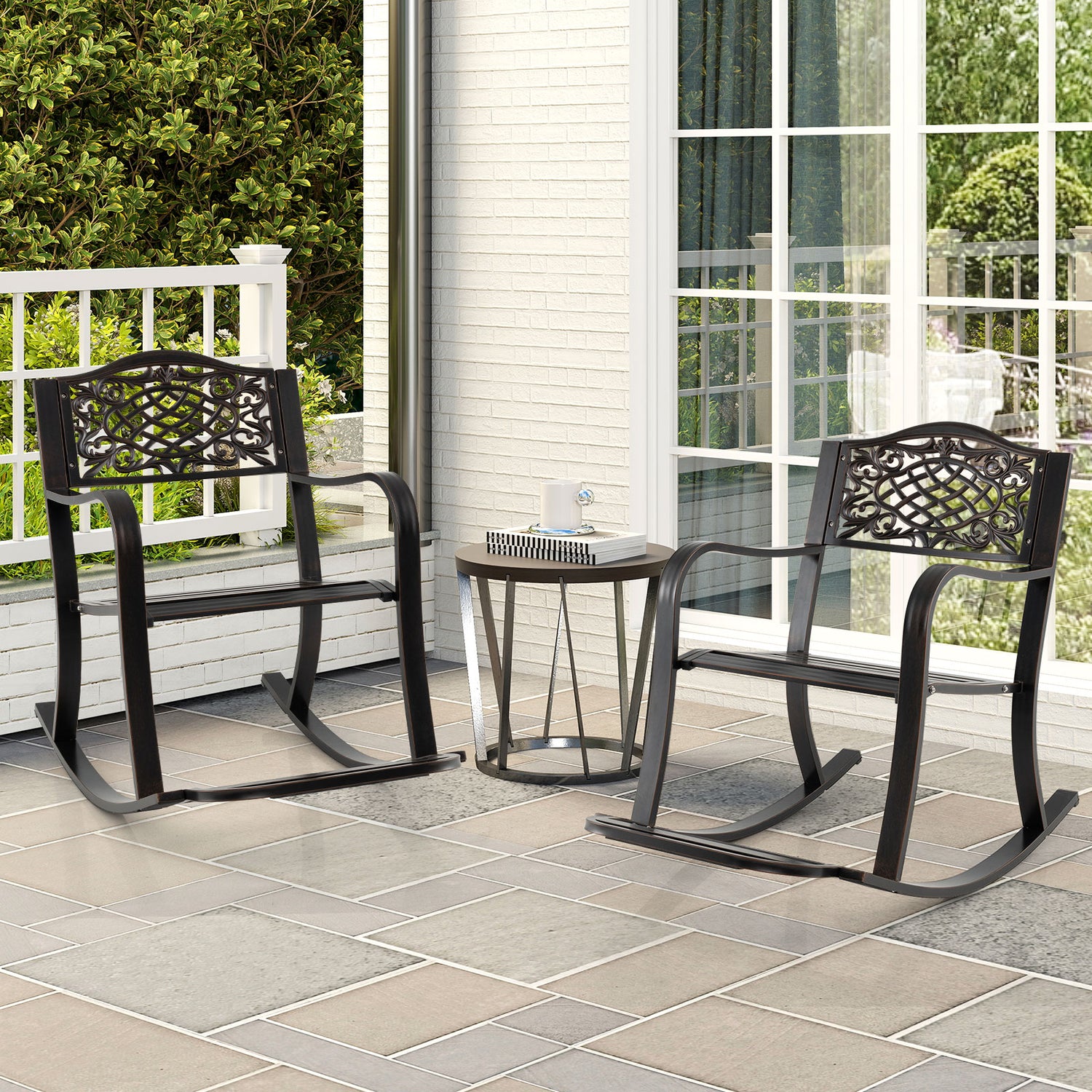 Patio Rocking Chair with Footrest and Curved Armrests-Brown