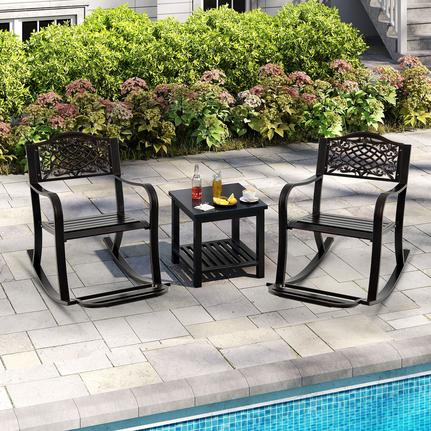 Patio Rocking Chair with Footrest and Curved Armrests-Brown