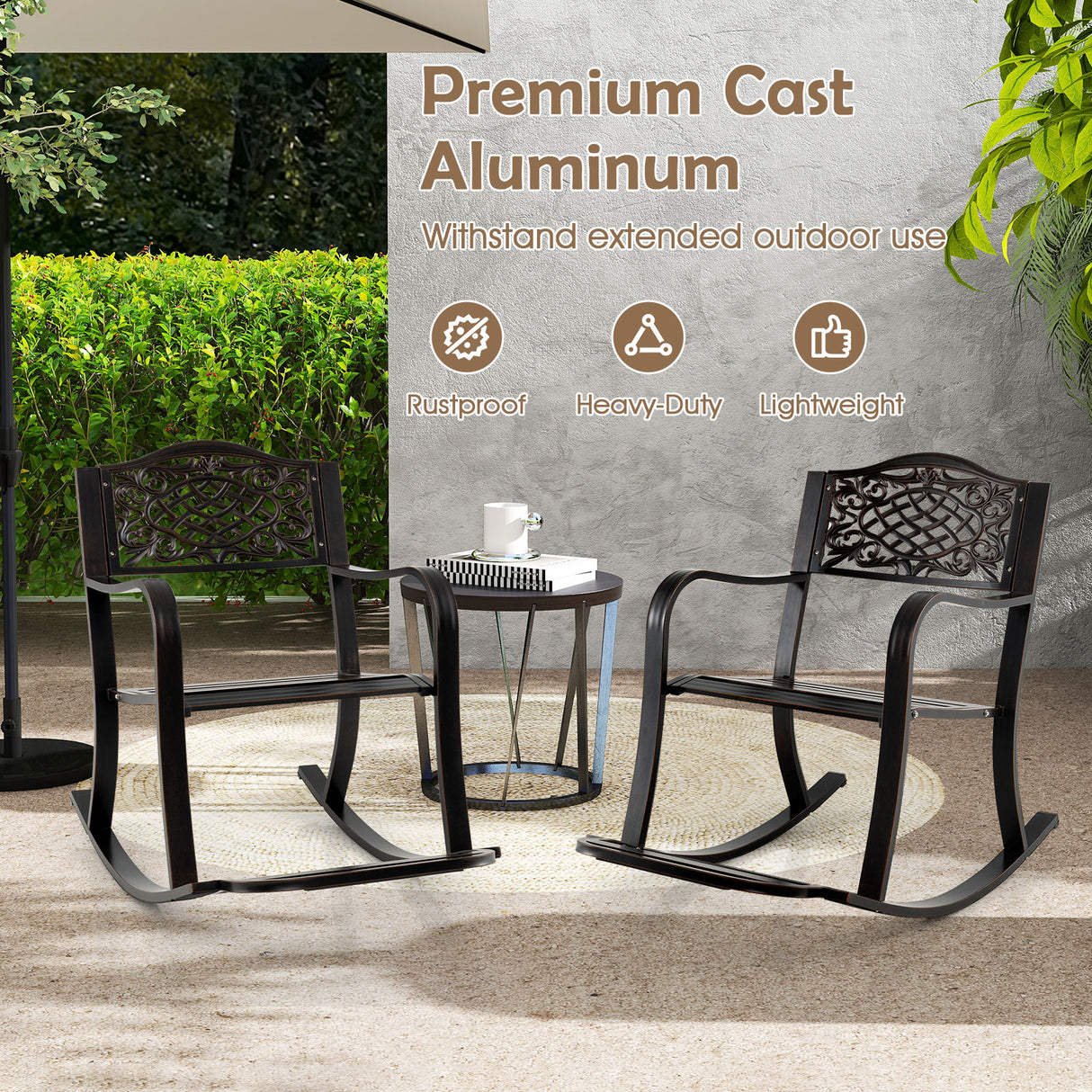 Patio Rocking Chair with Footrest and Curved Armrests-Brown