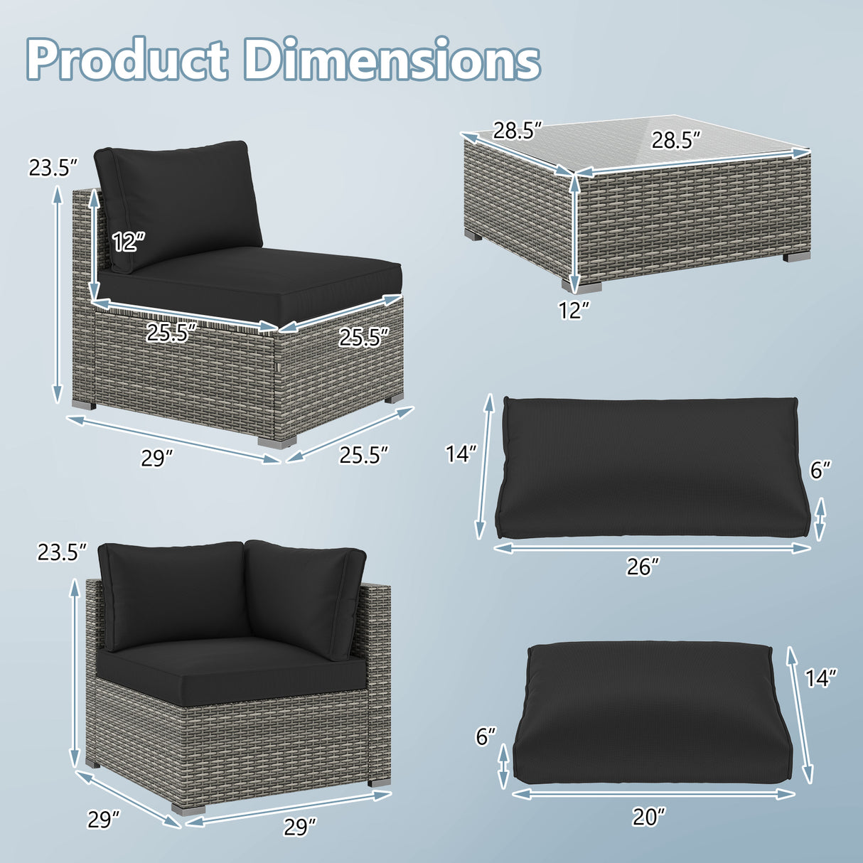5-Piece Outdoor Patio Sectional Sofa Couch and Glass Coffee Table with Cushions